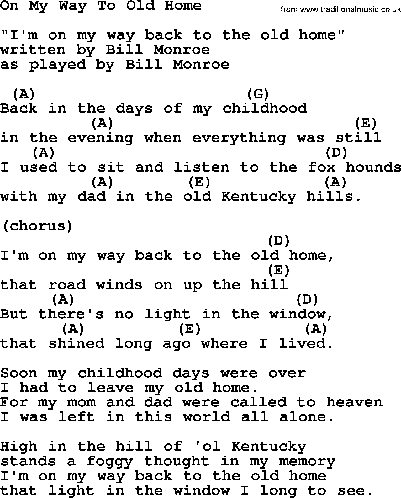 Bluegrass song: On My Way To Old Home, lyrics and chords