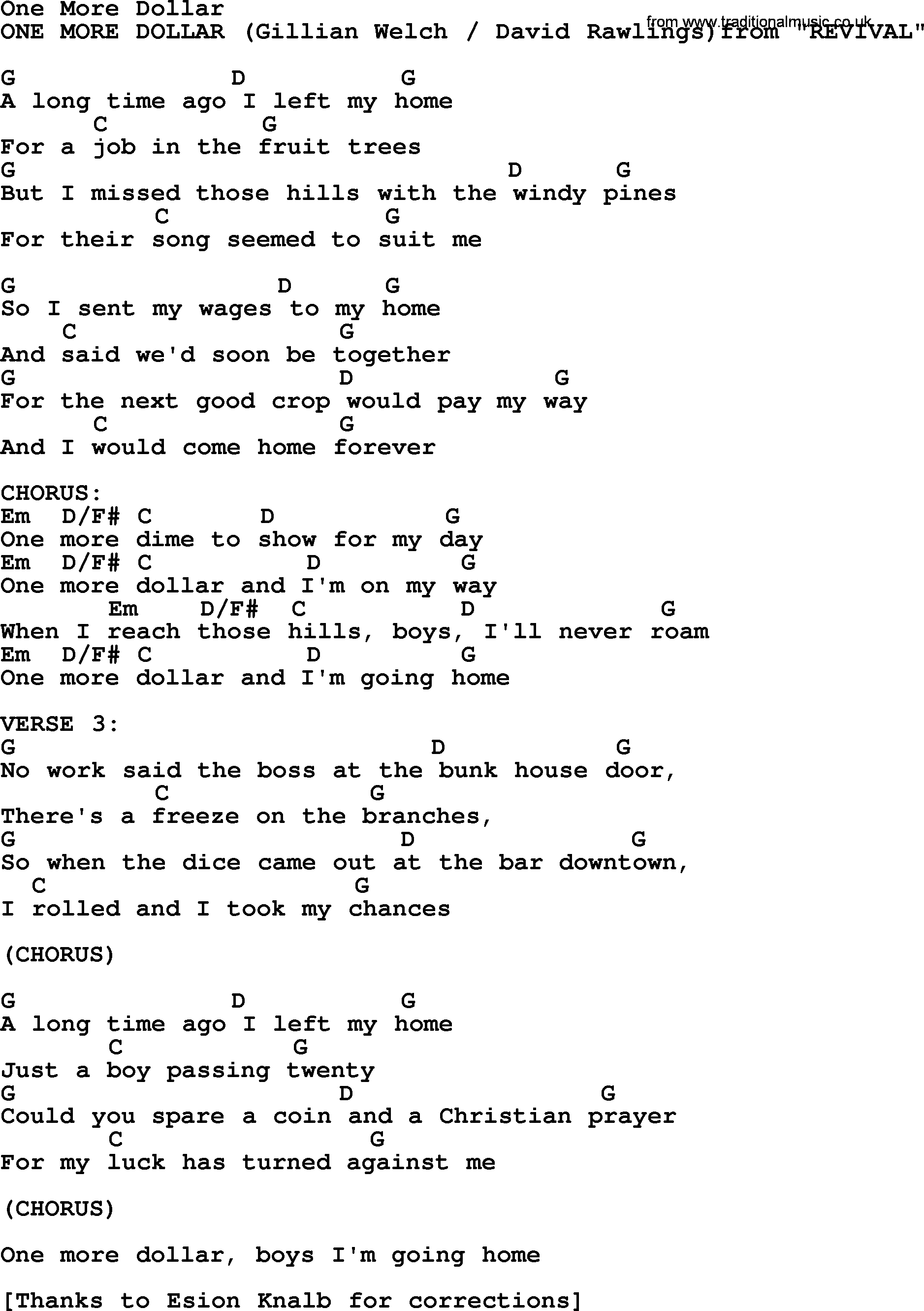 Bluegrass song: One More Dollar, lyrics and chords