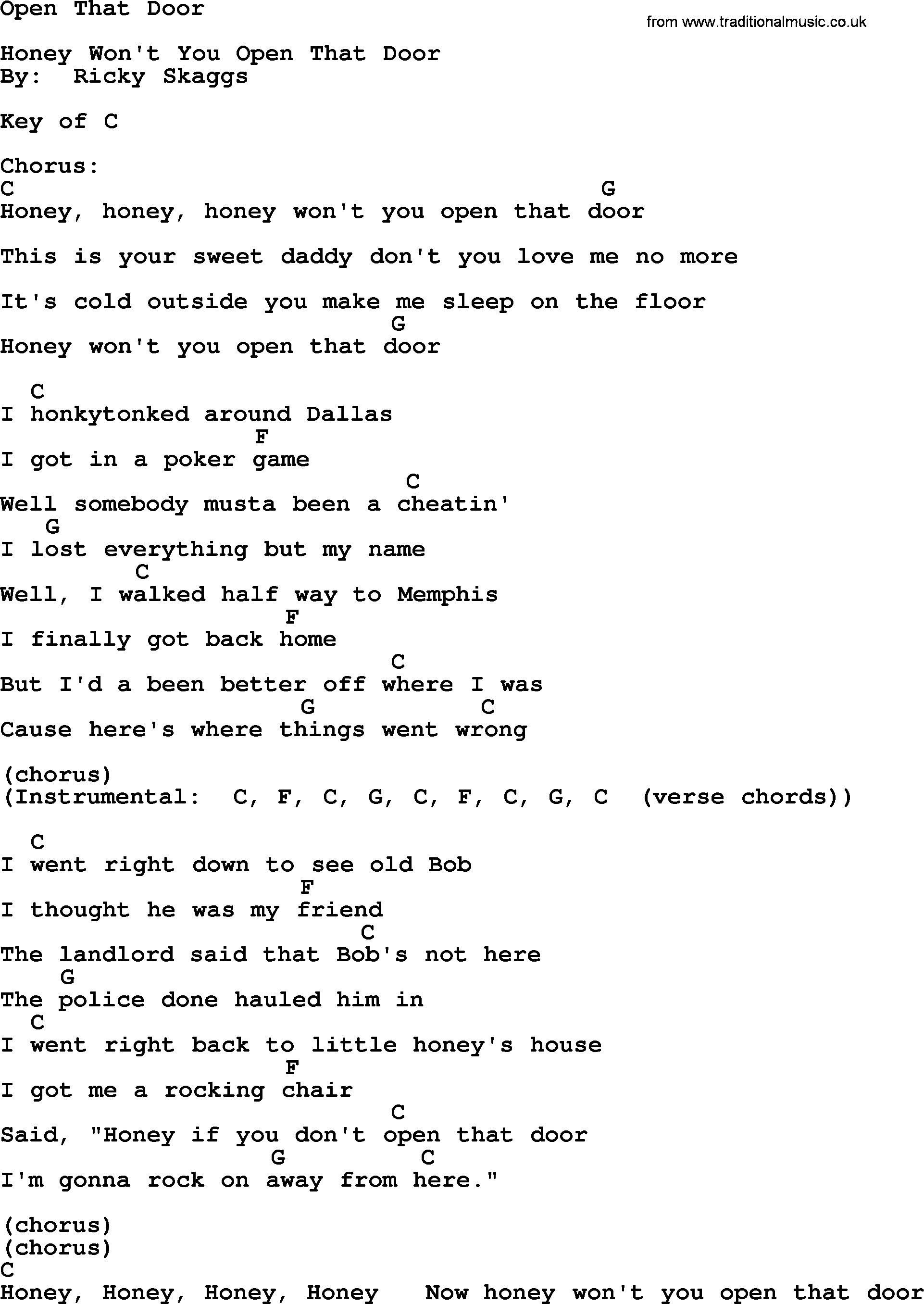Bluegrass song: Open That Door, lyrics and chords