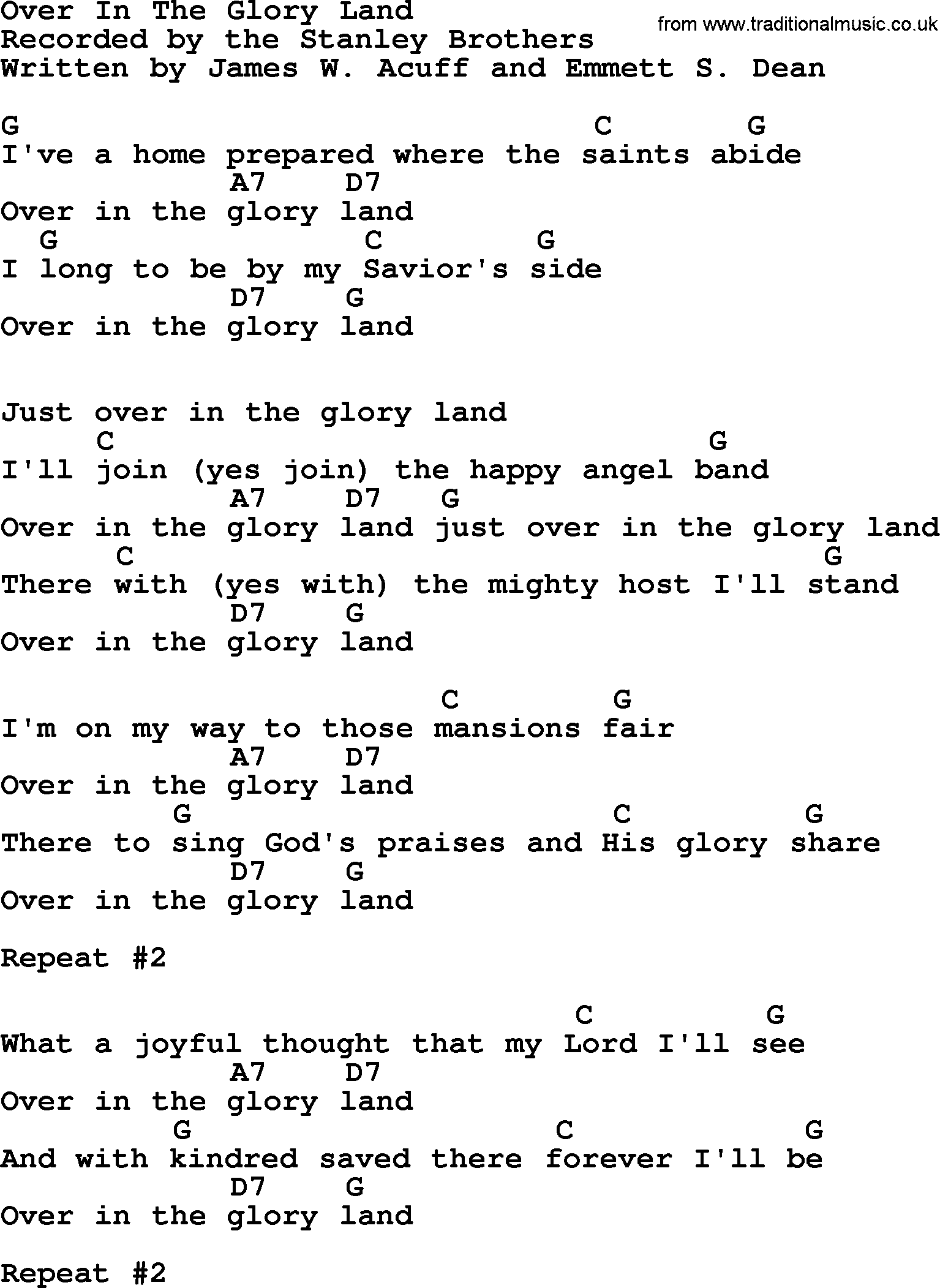 Bluegrass song: Over In The Glory Land, lyrics and chords
