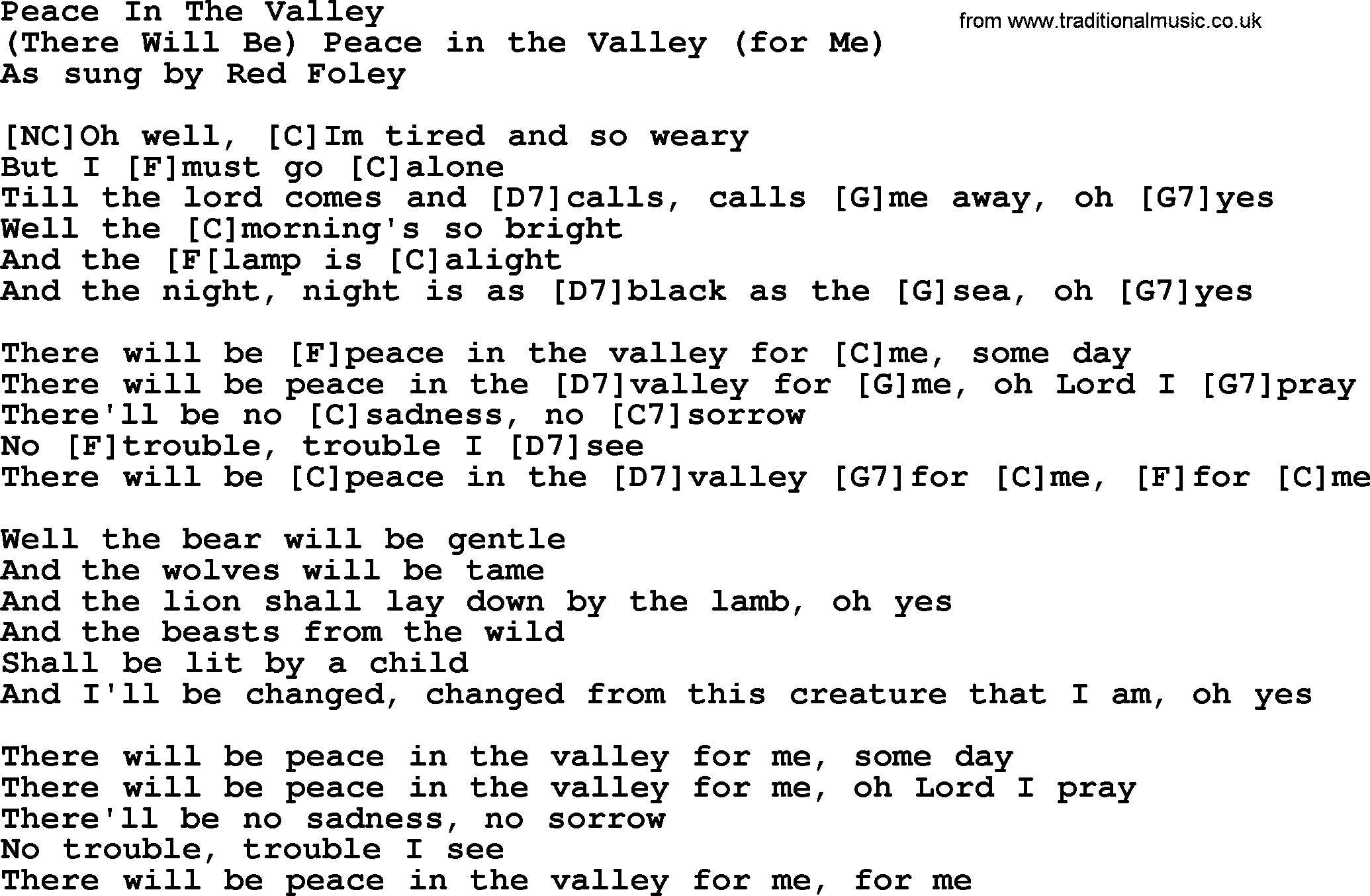 Bluegrass song: Peace In The Valley, lyrics and chords