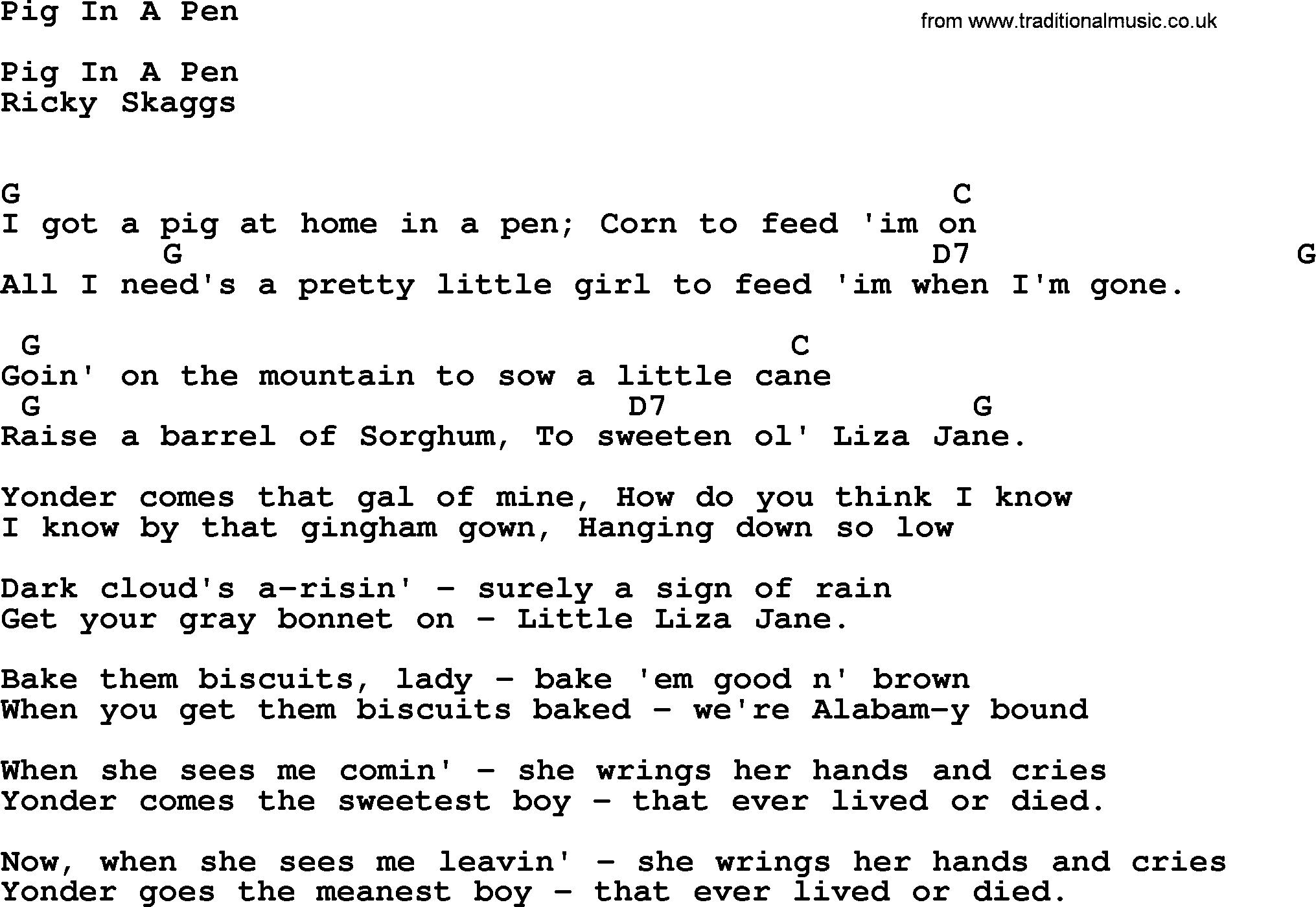 Bluegrass song: Pig In A Pen, lyrics and chords