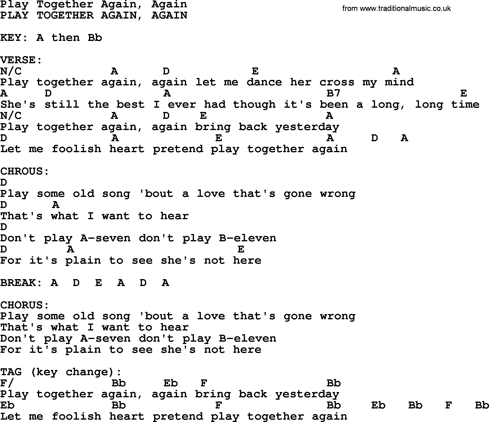 Bluegrass song: Play Together Again, Again, lyrics and chords