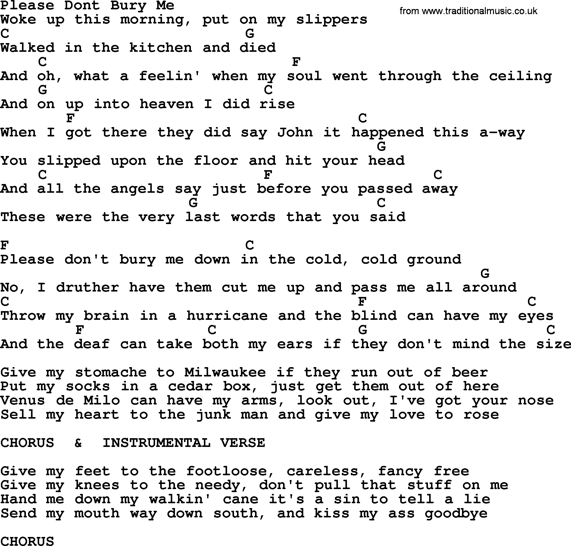 Bluegrass song: Please Dont Bury Me, lyrics and chords