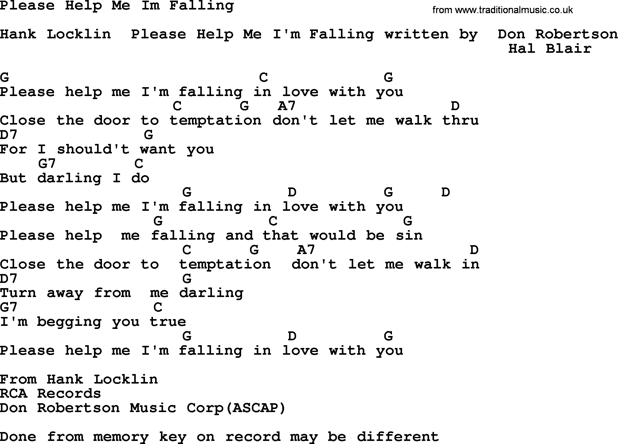 Bluegrass song: Please Help Me Im Falling, lyrics and chords