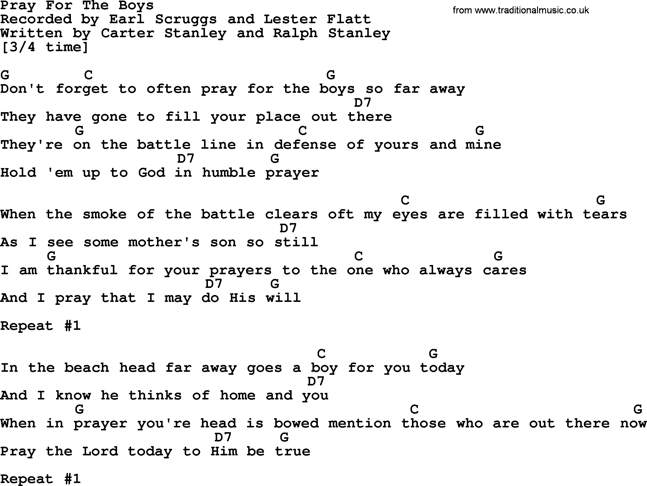 Bluegrass song: Pray For The Boys, lyrics and chords