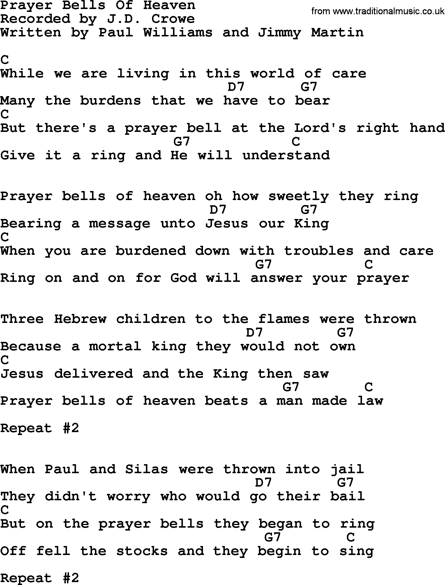 Bluegrass song: Prayer Bells Of Heaven, lyrics and chords