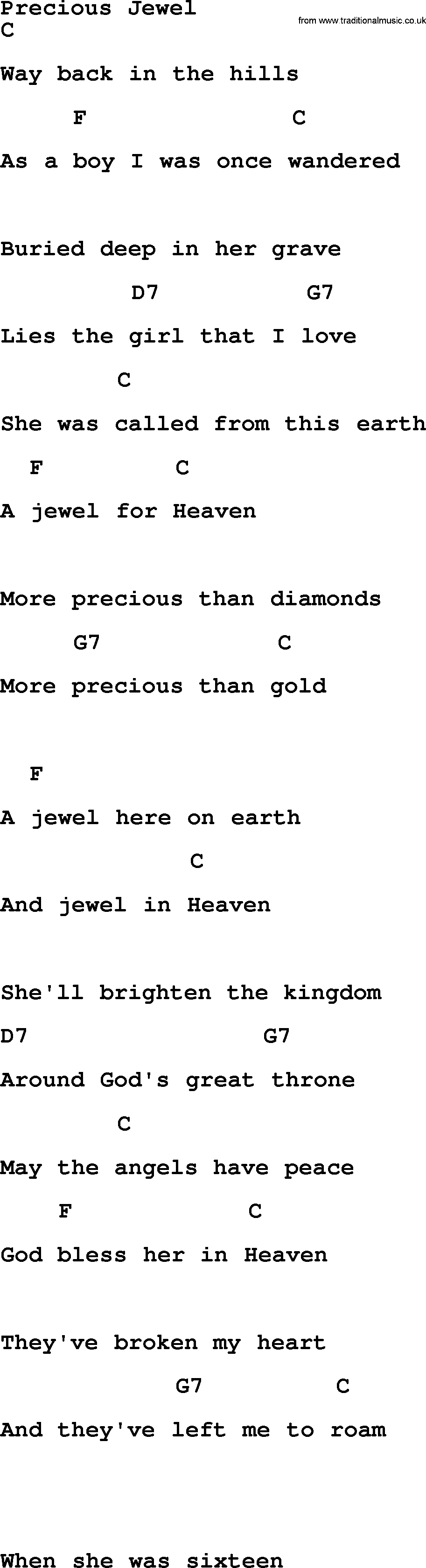 Bluegrass song: Precious Jewel, lyrics and chords