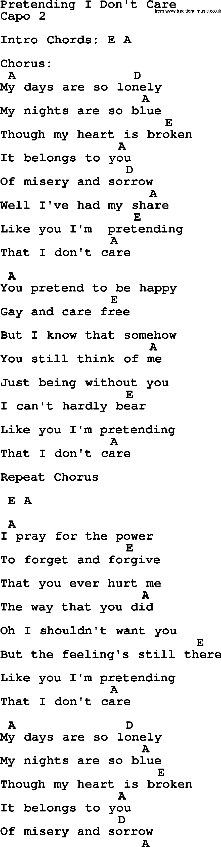 Bluegrass song: Pretending I Don't Care, lyrics and chords