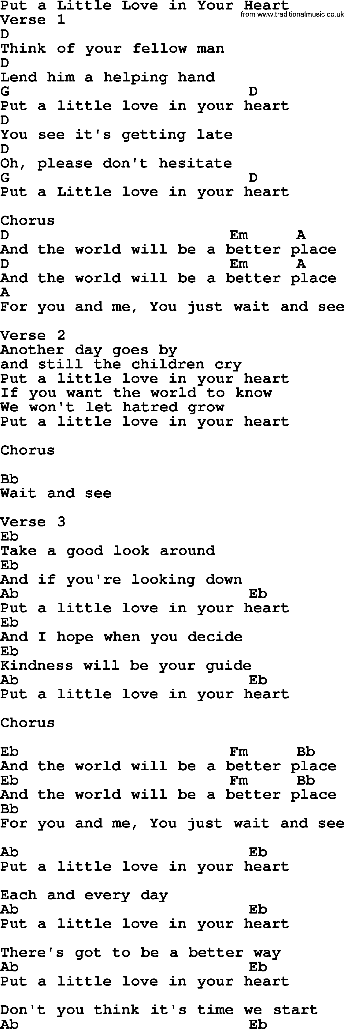 Bluegrass song: Put A Little Love In Your Heart, lyrics and chords