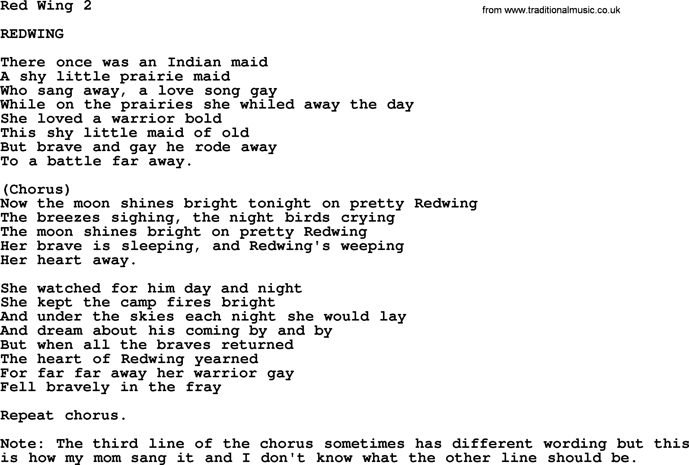 Bluegrass song: Red Wing 2, lyrics and chords