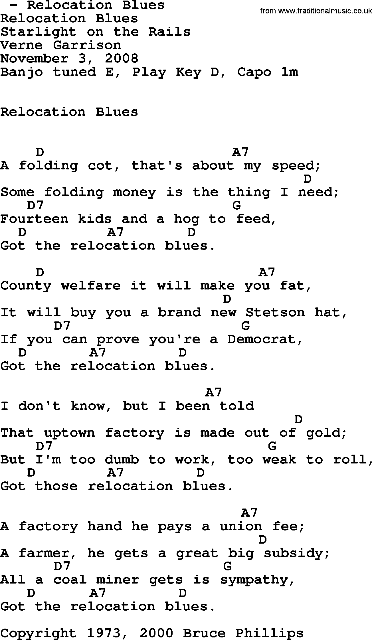 Bluegrass song: Relocation Blues, lyrics and chords