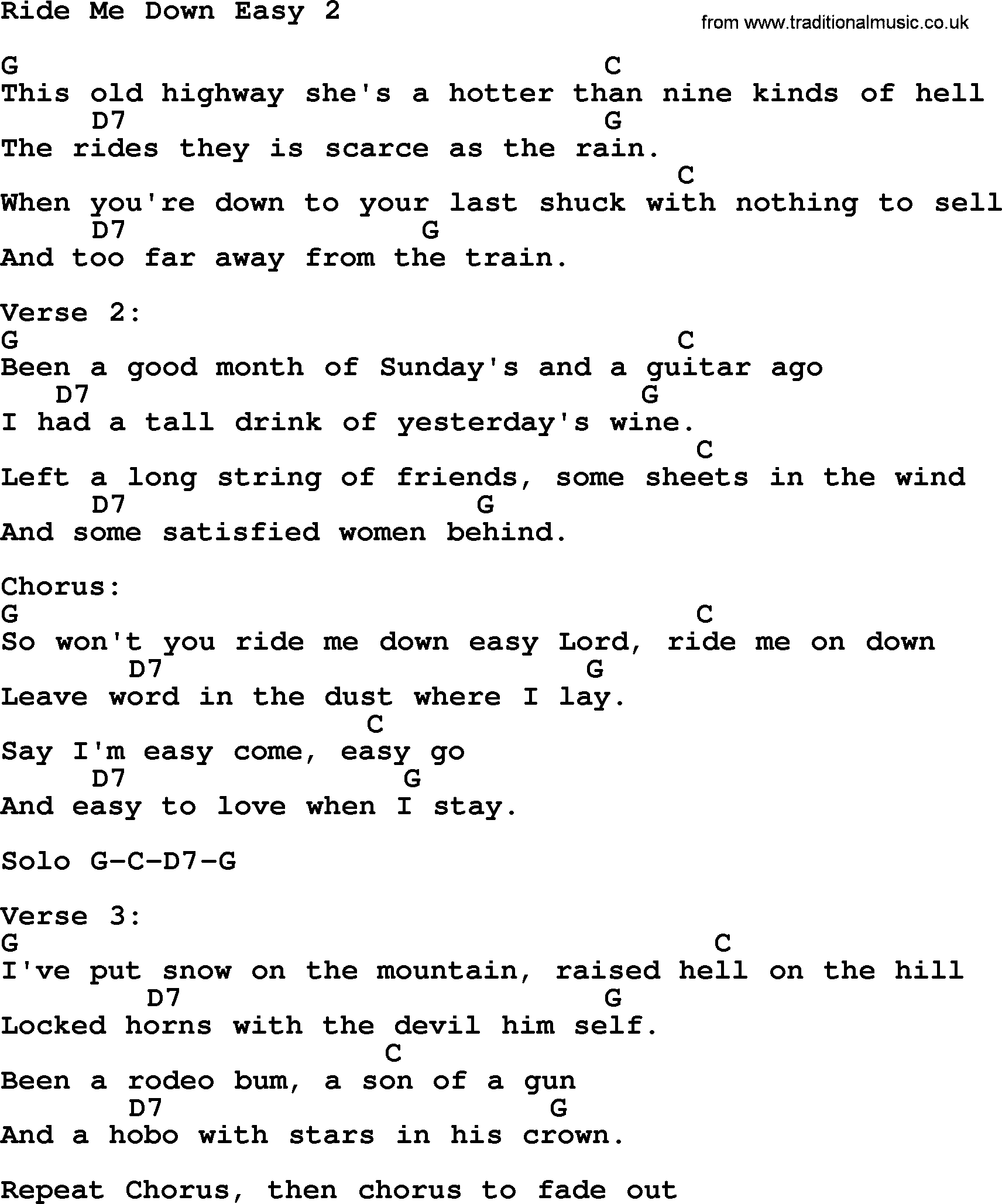 Bluegrass song: Ride Me Down Easy 2, lyrics and chords
