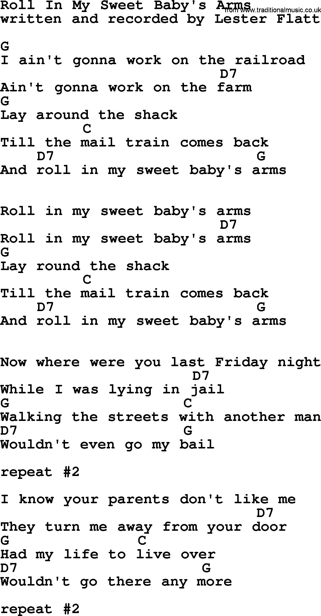 Bluegrass song: Roll In My Sweet Baby's Arms, lyrics and chords