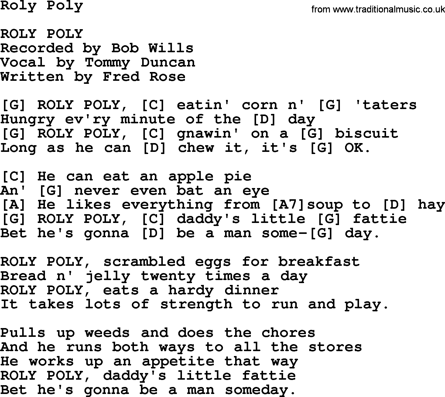 Bluegrass song: Roly Poly, lyrics and chords
