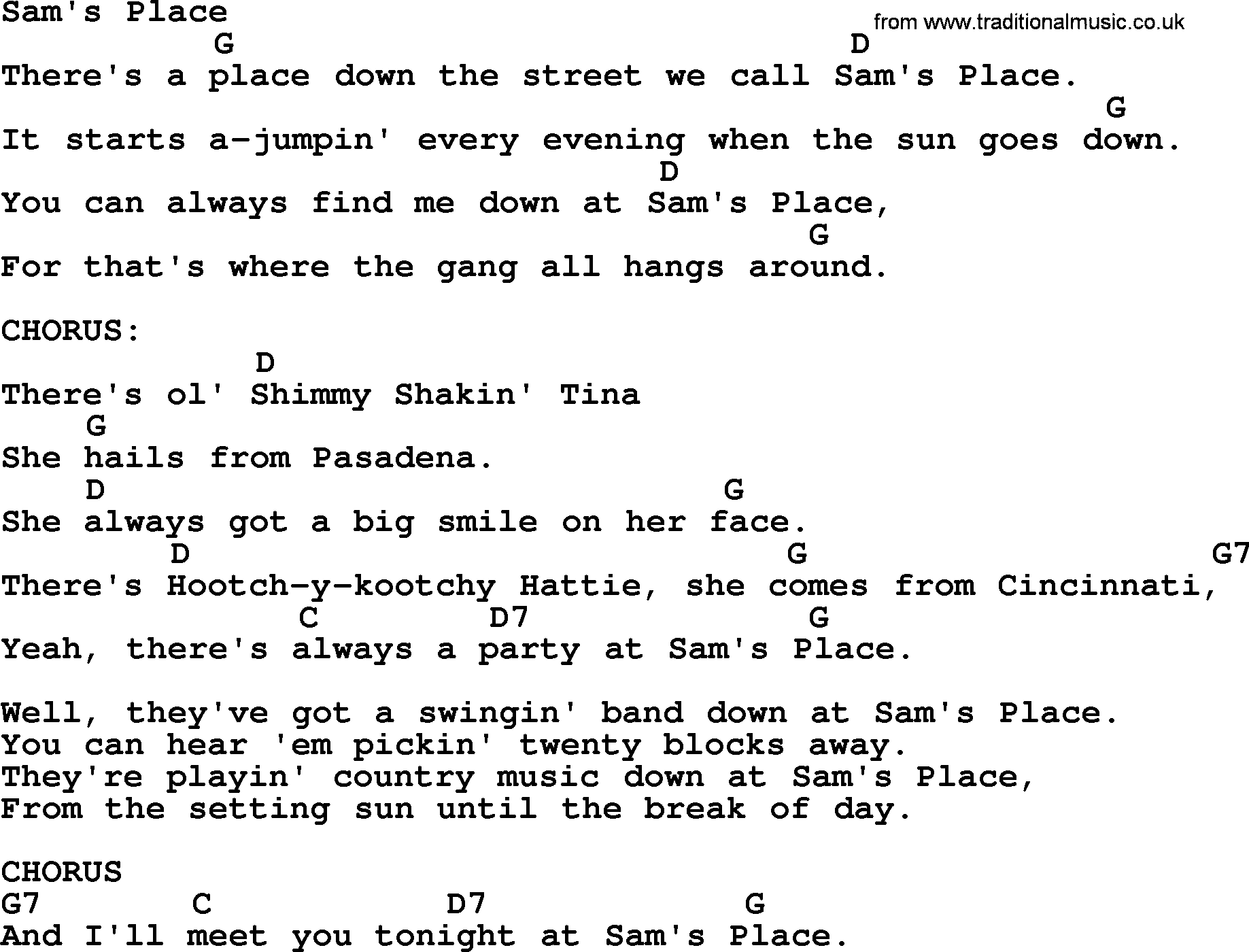Bluegrass song: Sam's Place, lyrics and chords