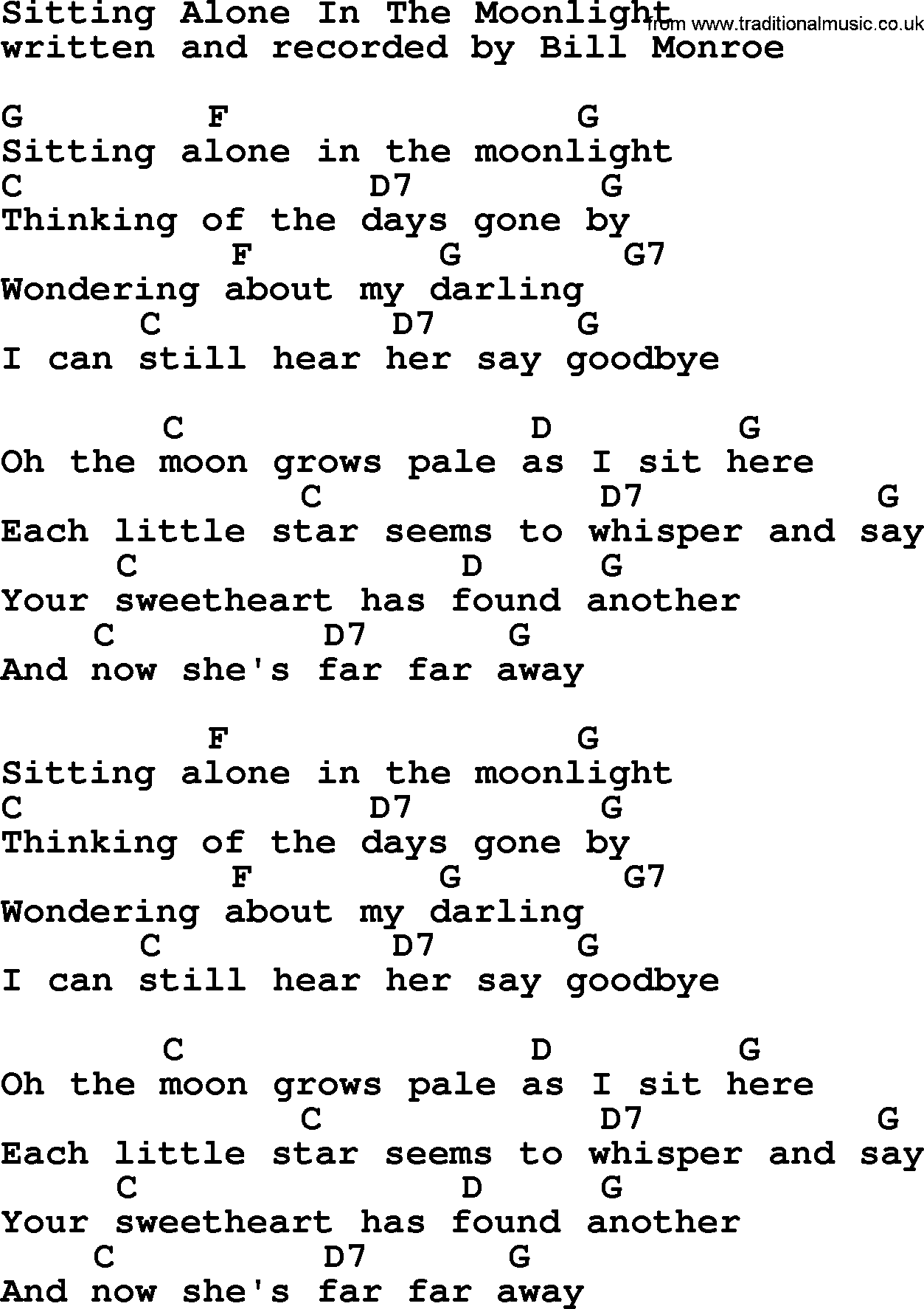 Bluegrass song: Sitting Alone In The Moonlight, lyrics and chords