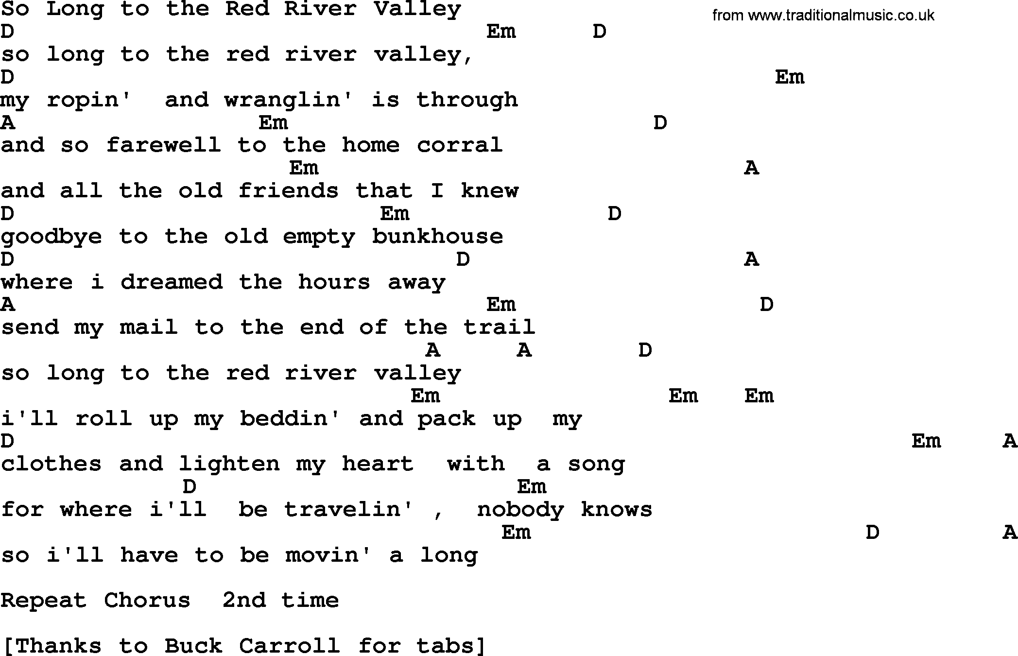 Bluegrass song: So Long To The Red River Valley, lyrics and chords