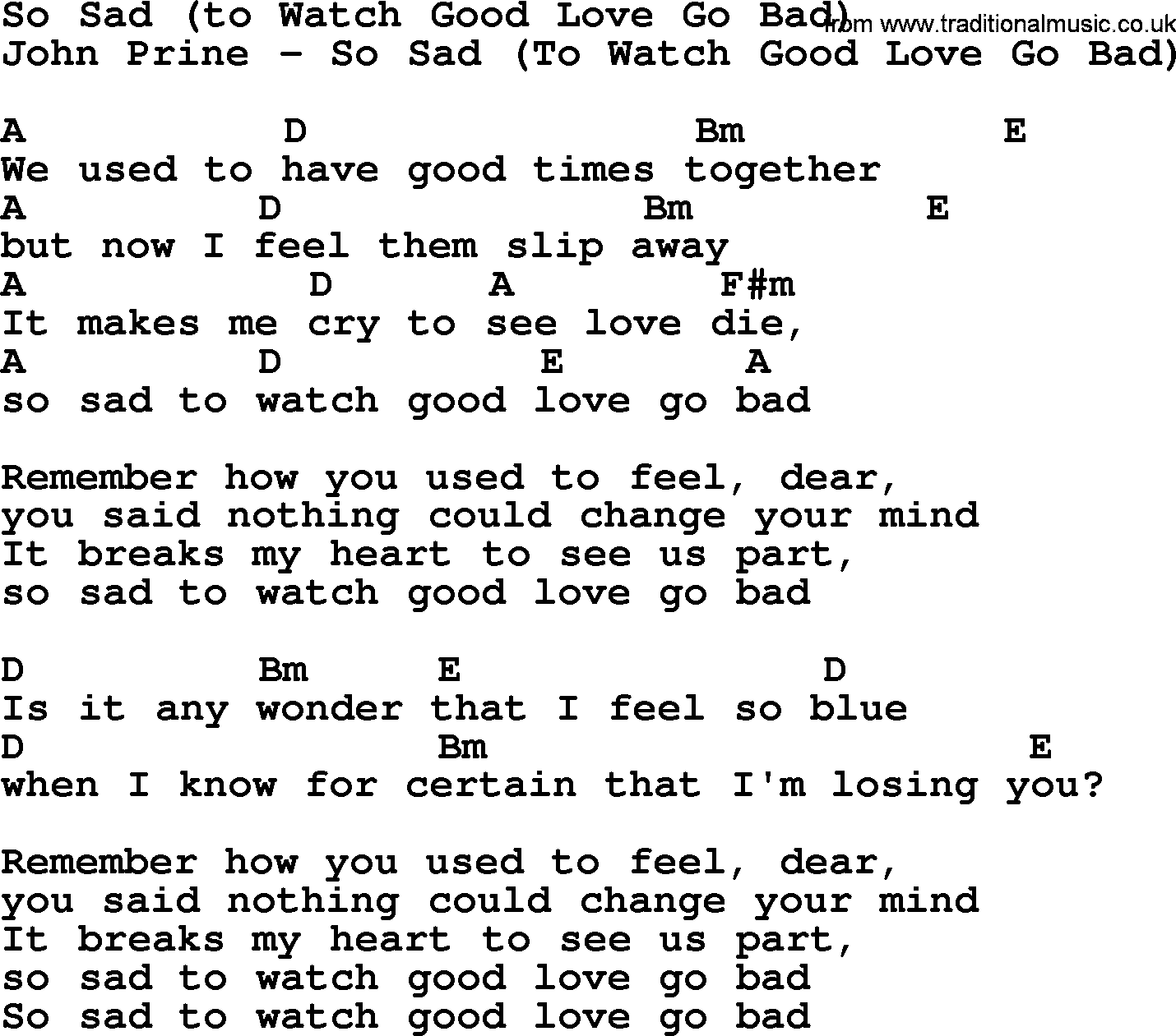 Bluegrass song: So Sad (To Watch Good Love Go Bad), lyrics and chords