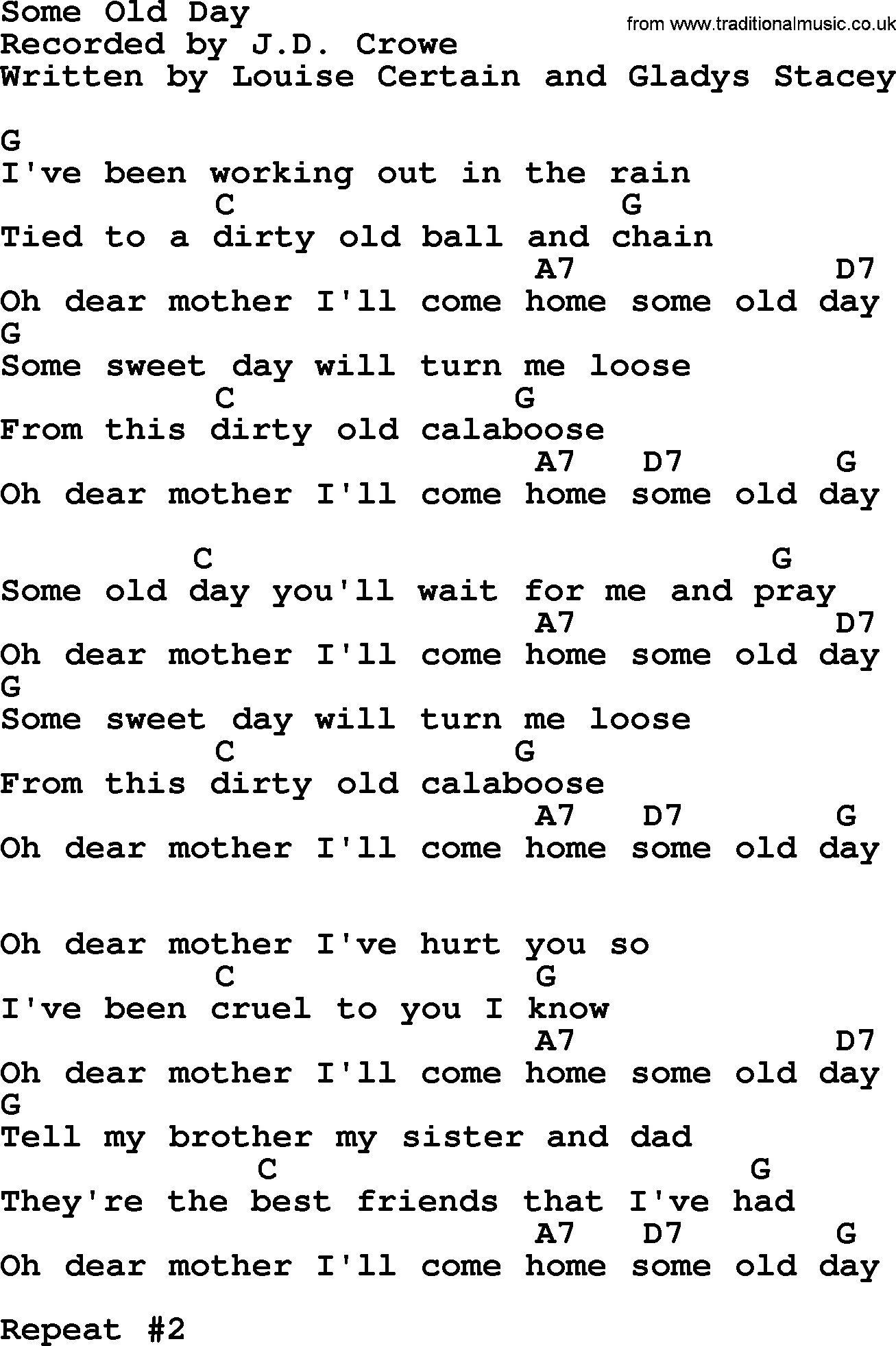 Bluegrass song: Some Old Day, lyrics and chords