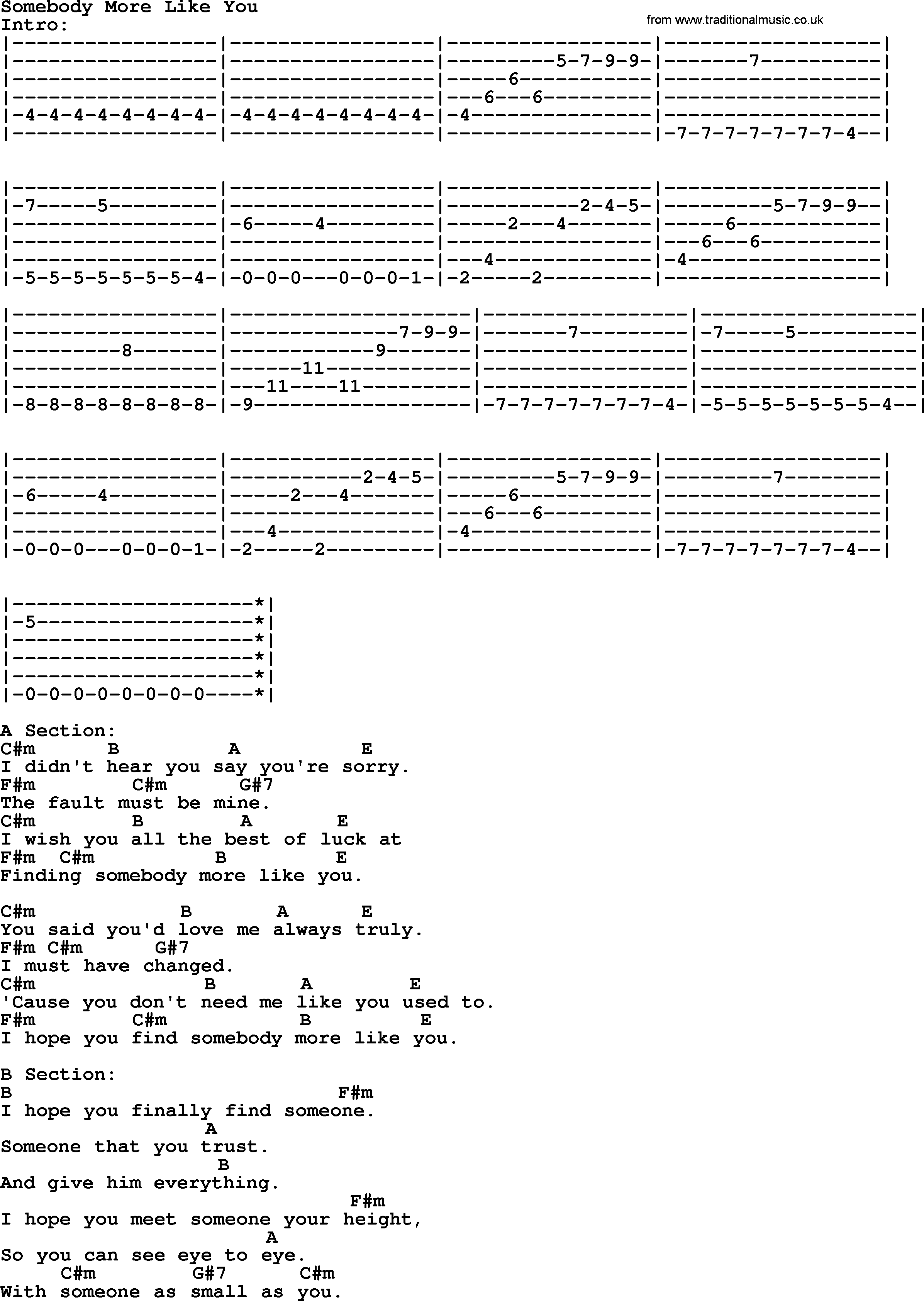 Bluegrass song: Somebody More Like You, lyrics and chords