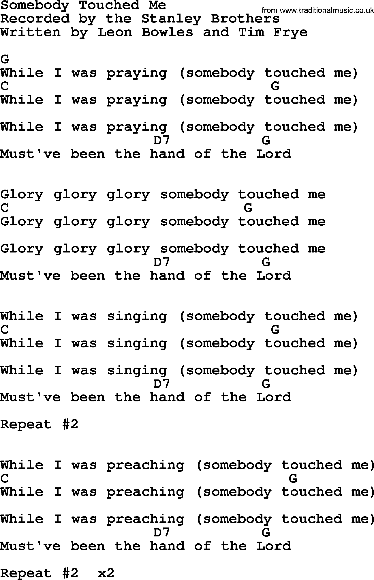 Bluegrass song: Somebody Touched Me, lyrics and chords