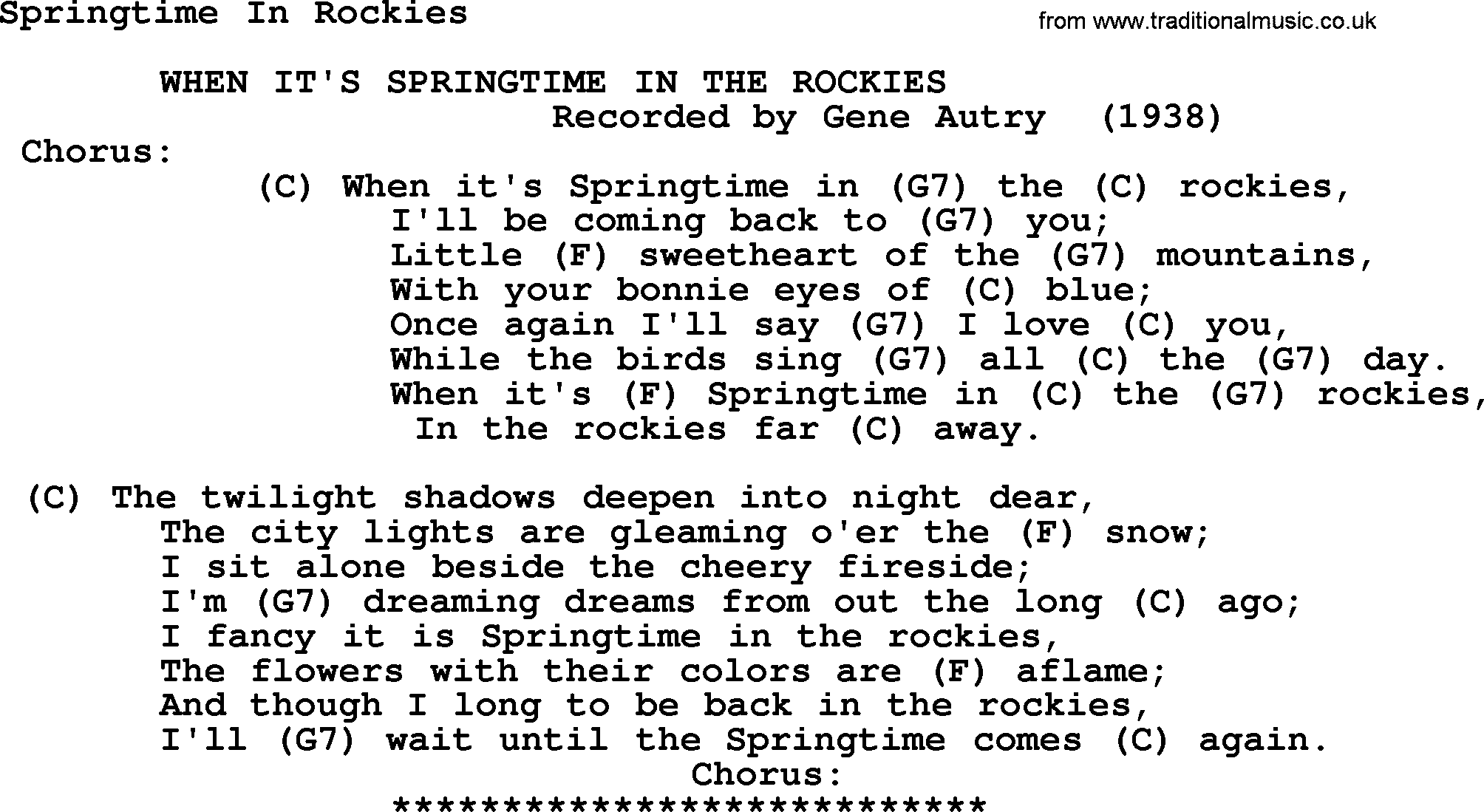 Bluegrass song: Springtime In Rockies, lyrics and chords
