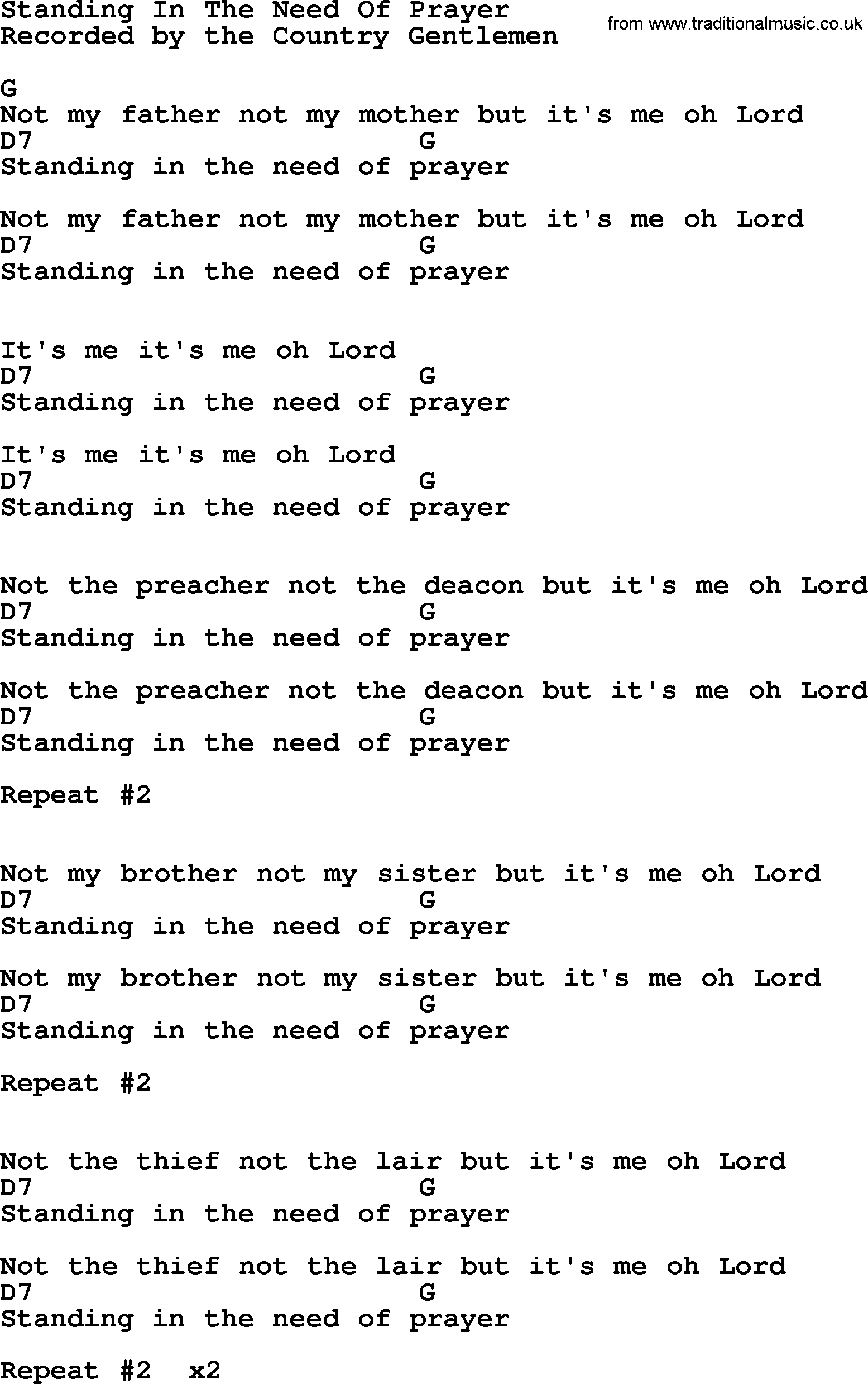 Bluegrass song: Standing In The Need Of Prayer, lyrics and chords