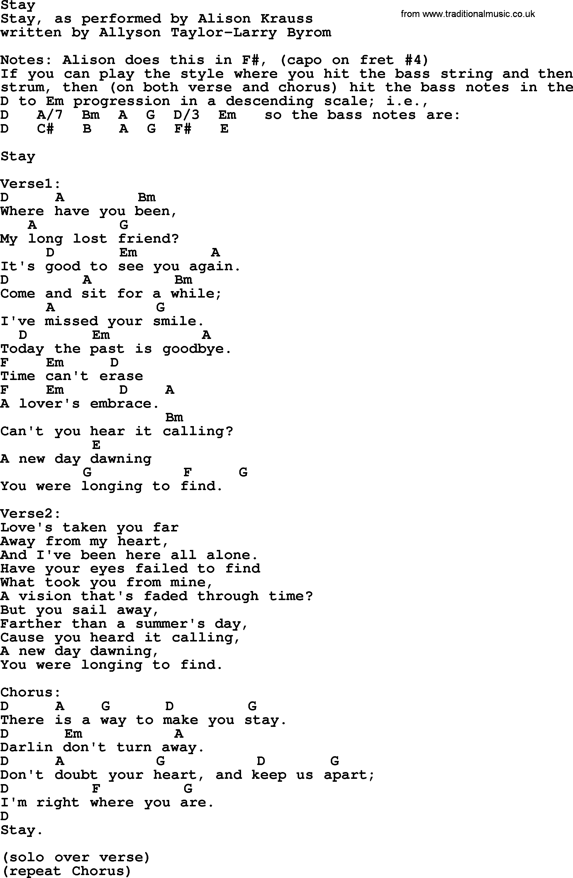 Bluegrass song: Stay, lyrics and chords