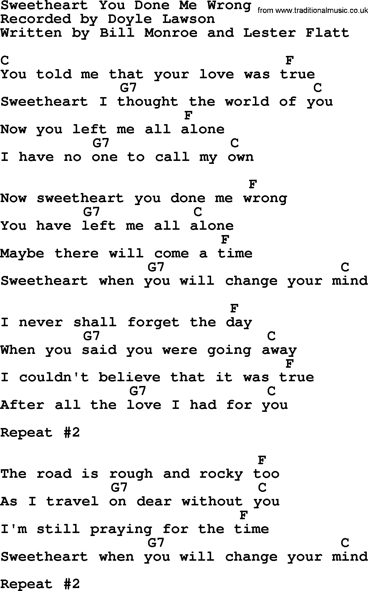 Bluegrass song: Sweetheart You Done Me Wrong, lyrics and chords