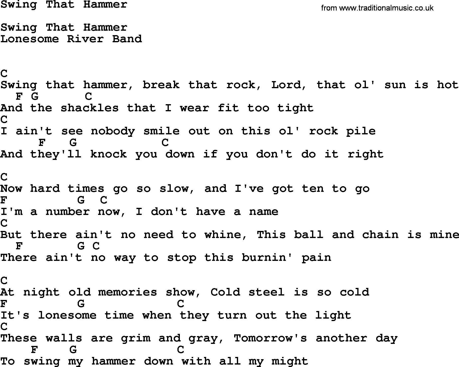 Bluegrass song: Swing That Hammer, lyrics and chords