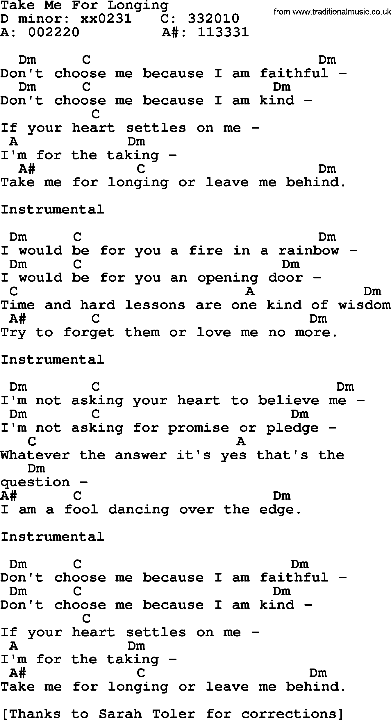 Bluegrass song: Take Me For Longing, lyrics and chords