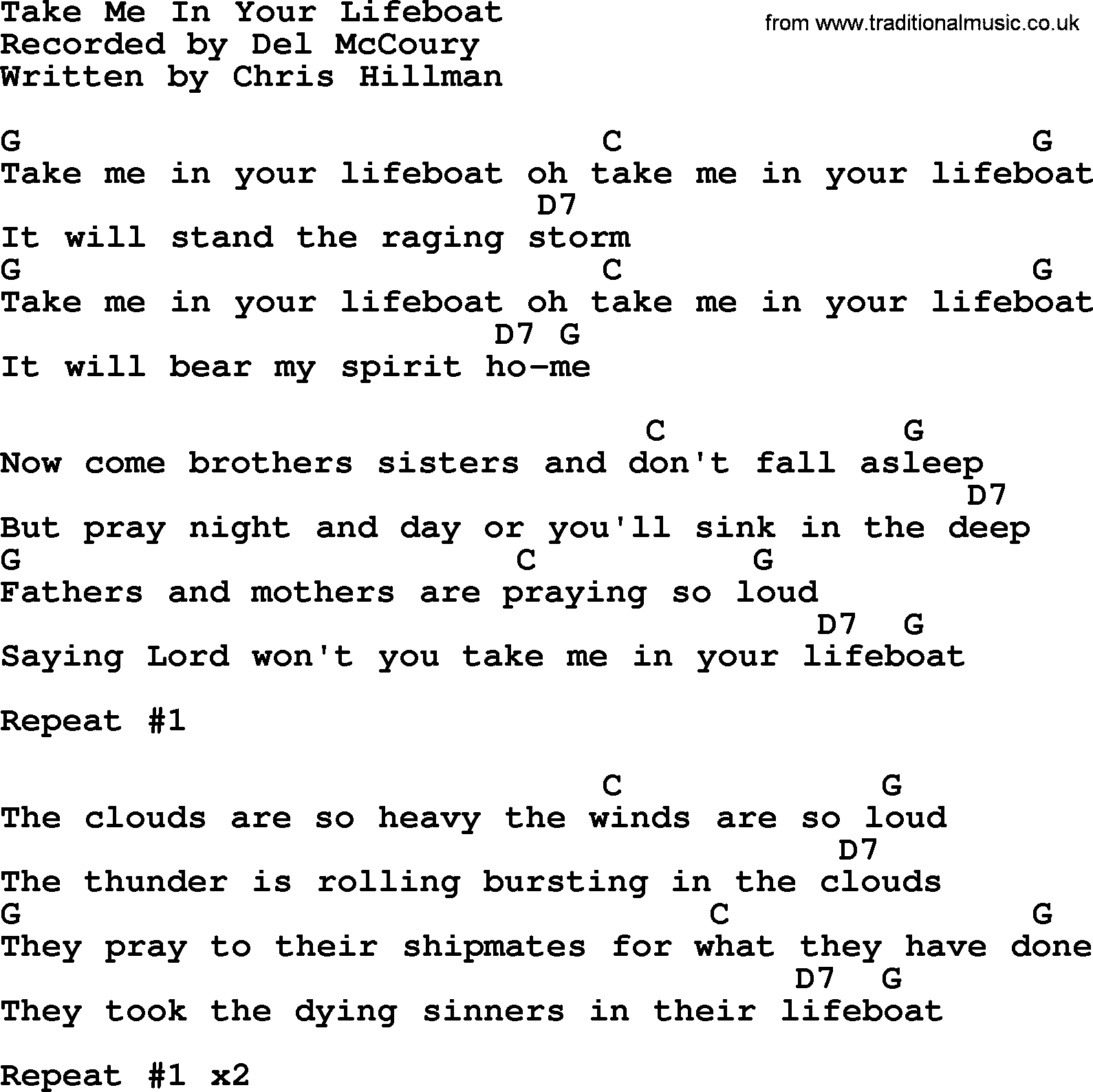 Bluegrass song: Take Me In Your Lifeboat, lyrics and chords