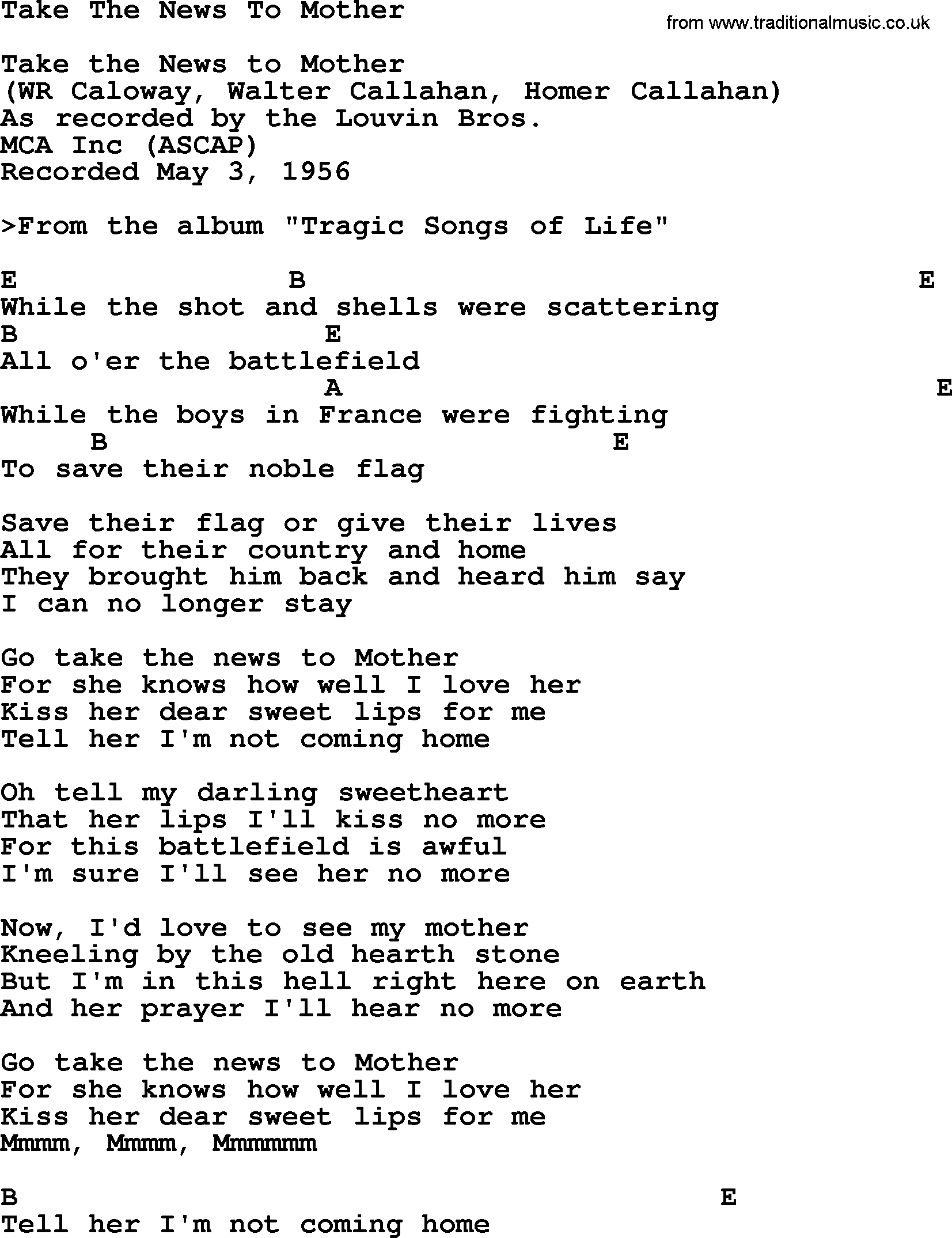 Bluegrass song: Take The News To Mother, lyrics and chords