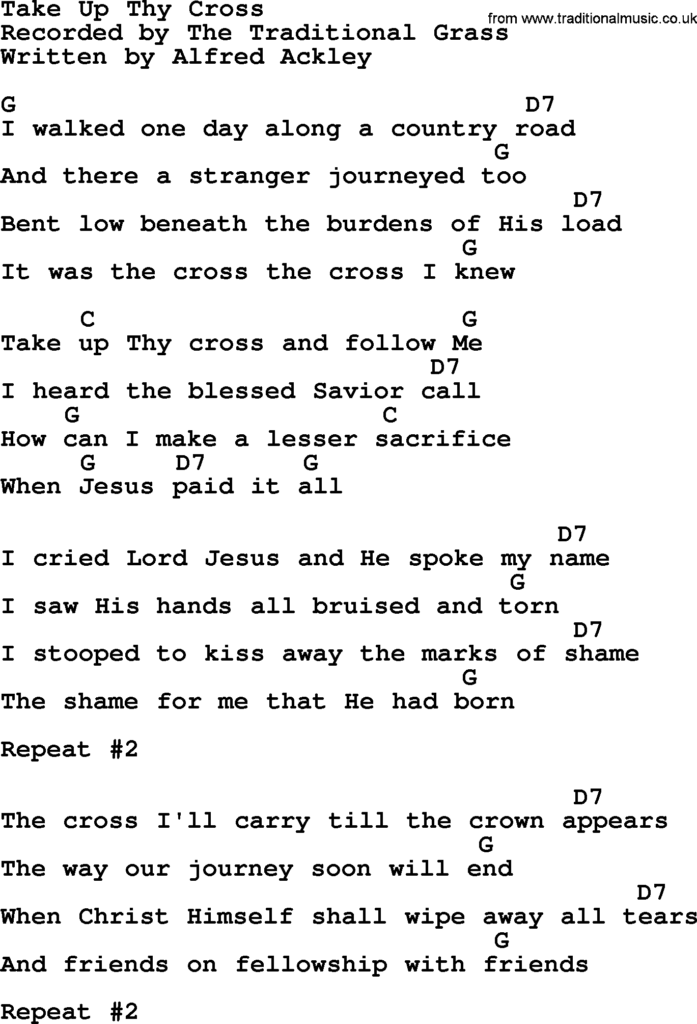 Bluegrass song: Take Up Thy Cross, lyrics and chords