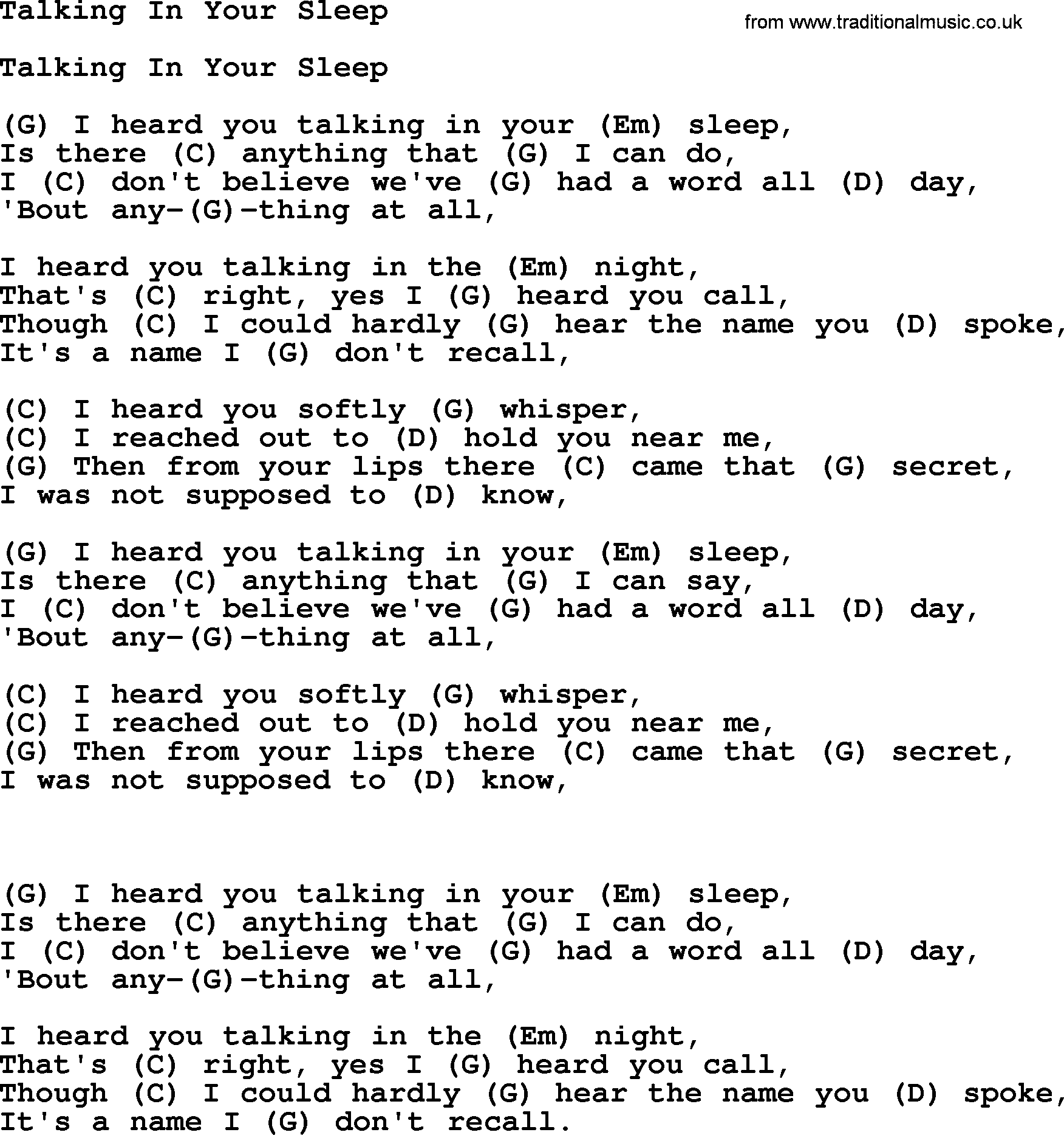 Bluegrass song: Talking In Your Sleep, lyrics and chords