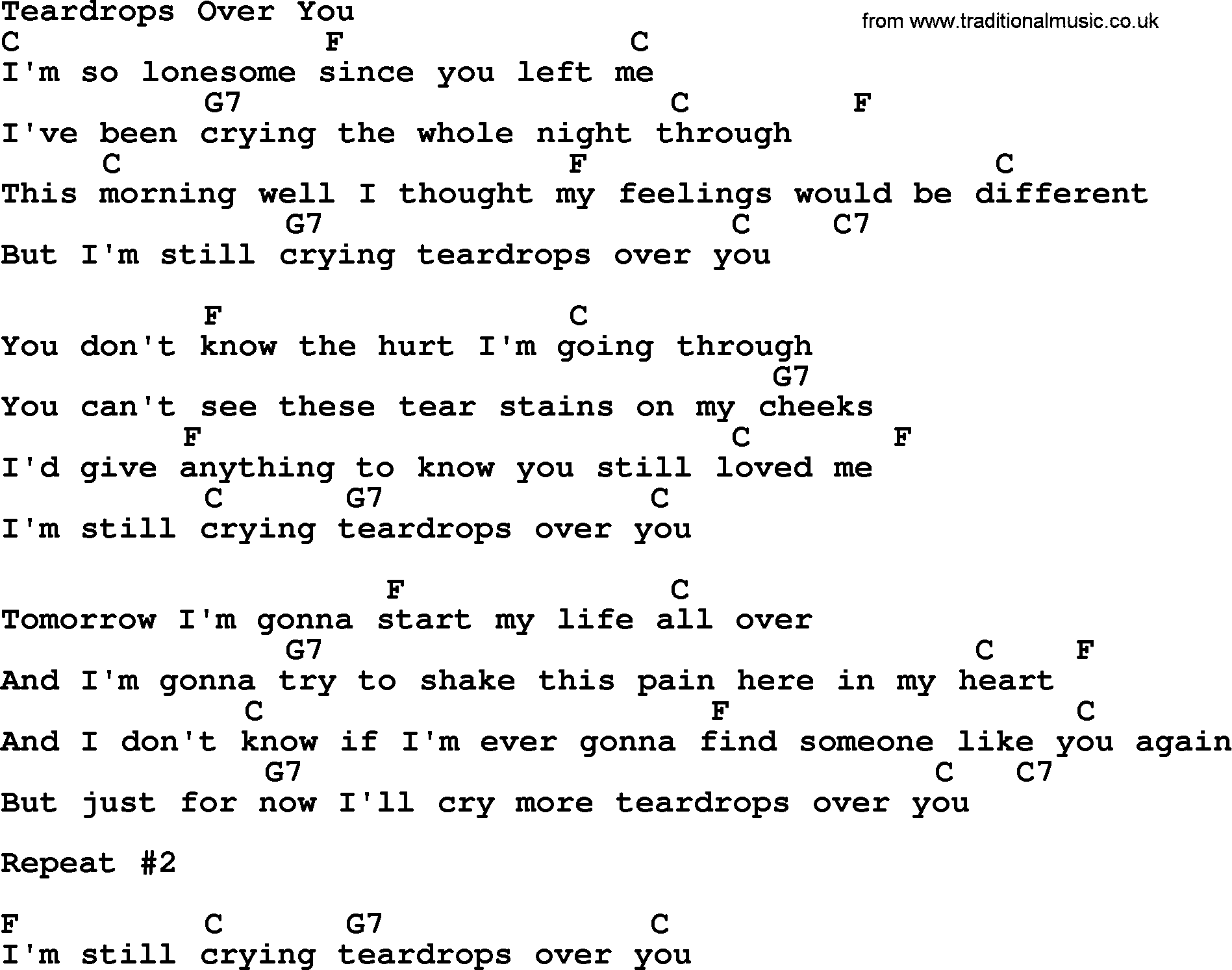 Bluegrass song: Teardrops Over You, lyrics and chords