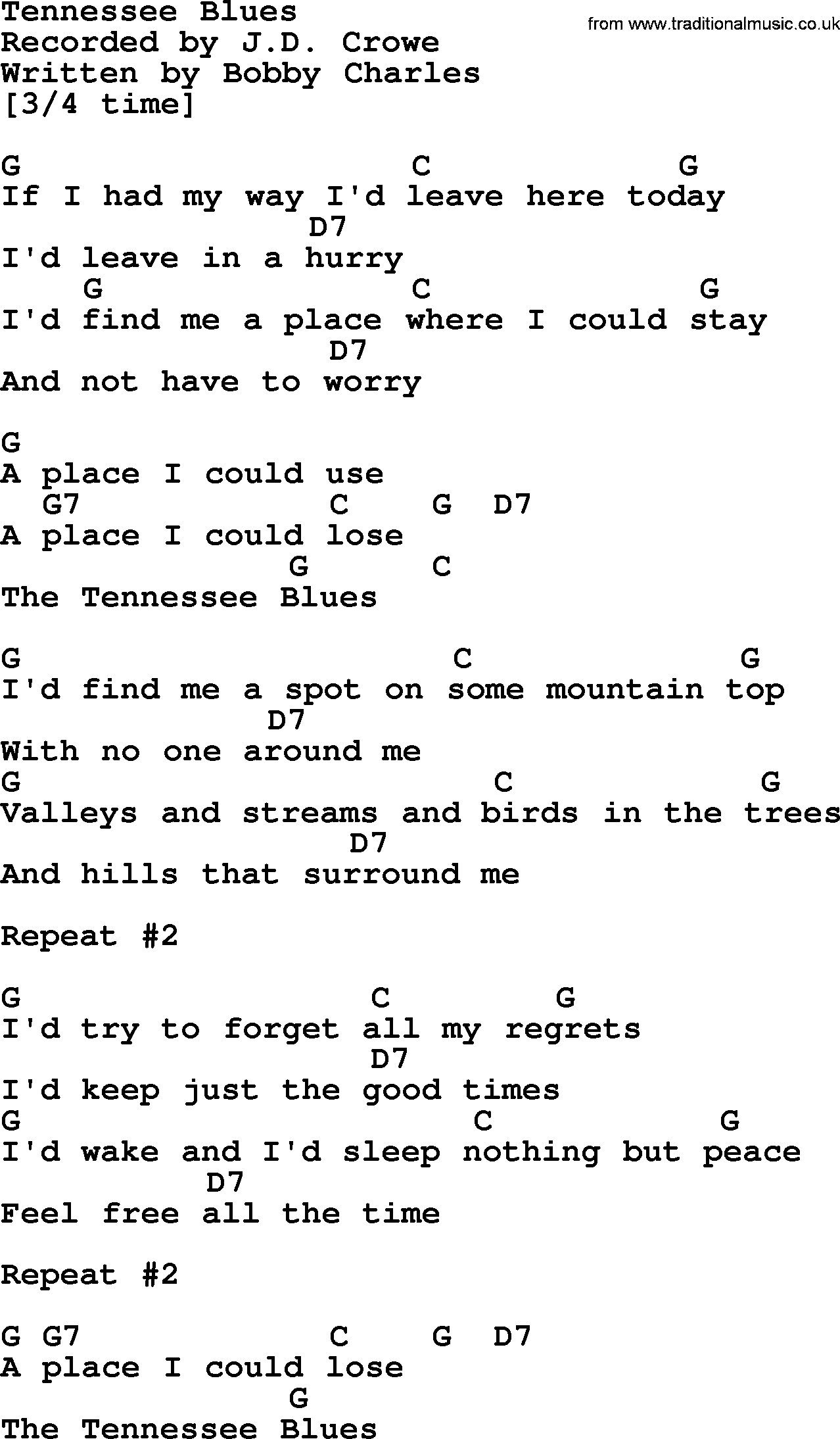 Bluegrass song: Tennessee Blues, lyrics and chords