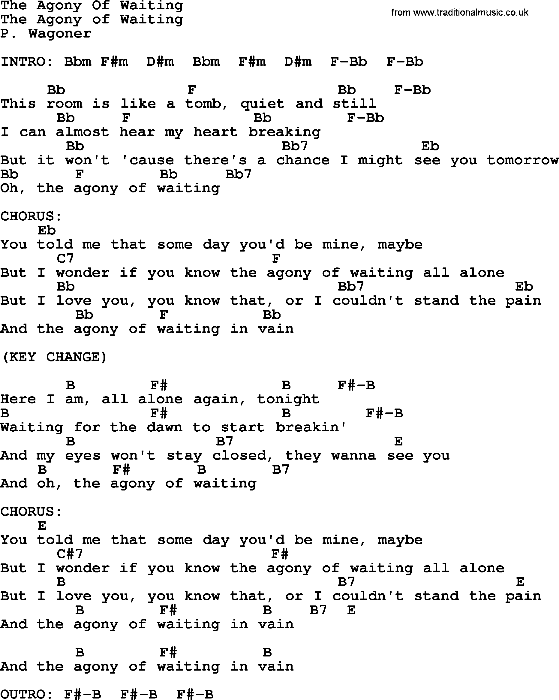 Bluegrass song: The Agony Of Waiting, lyrics and chords