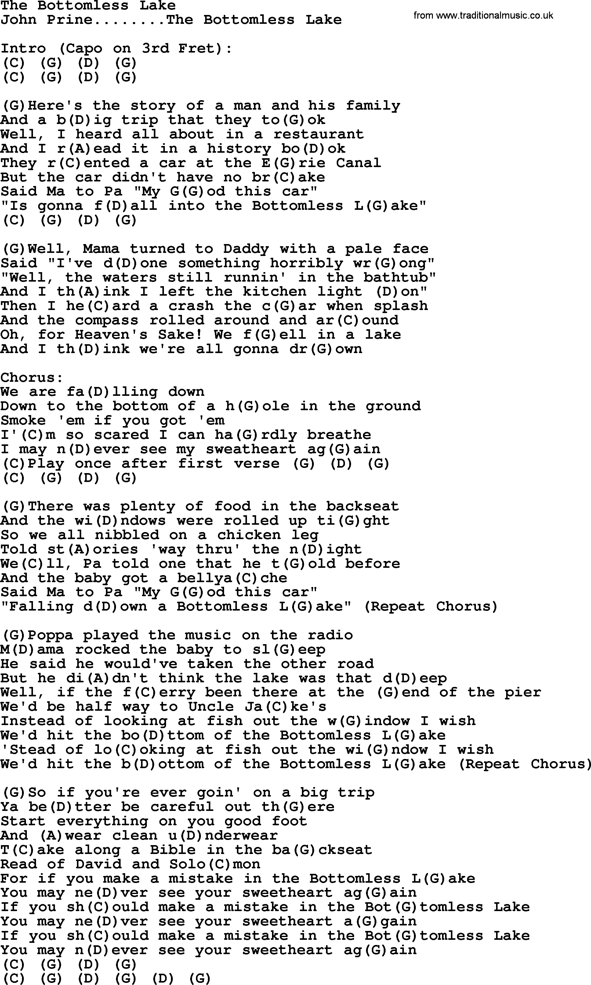 Bluegrass song: The Bottomless Lake, lyrics and chords