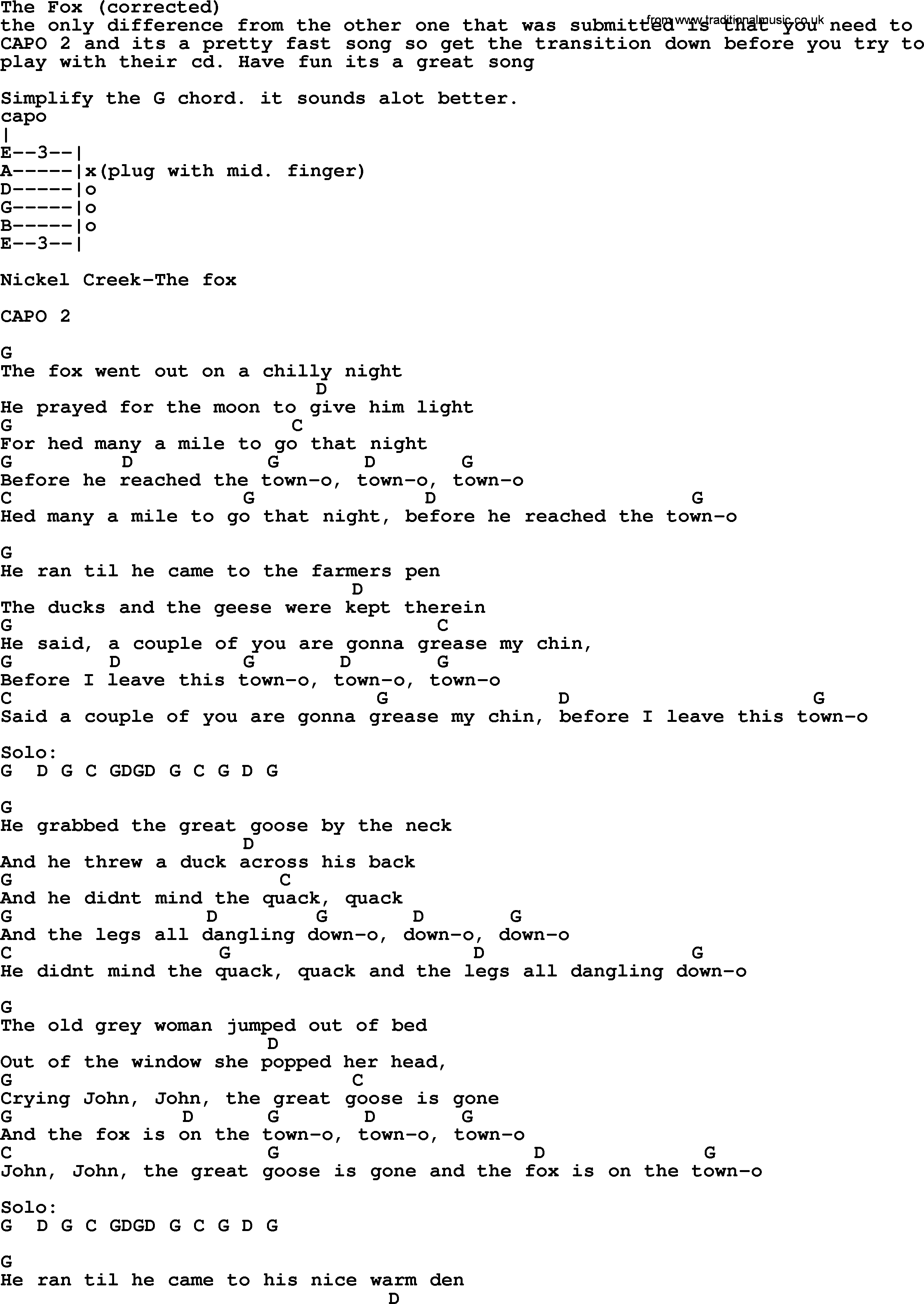 Bluegrass song: The Fox (Corrected), lyrics and chords