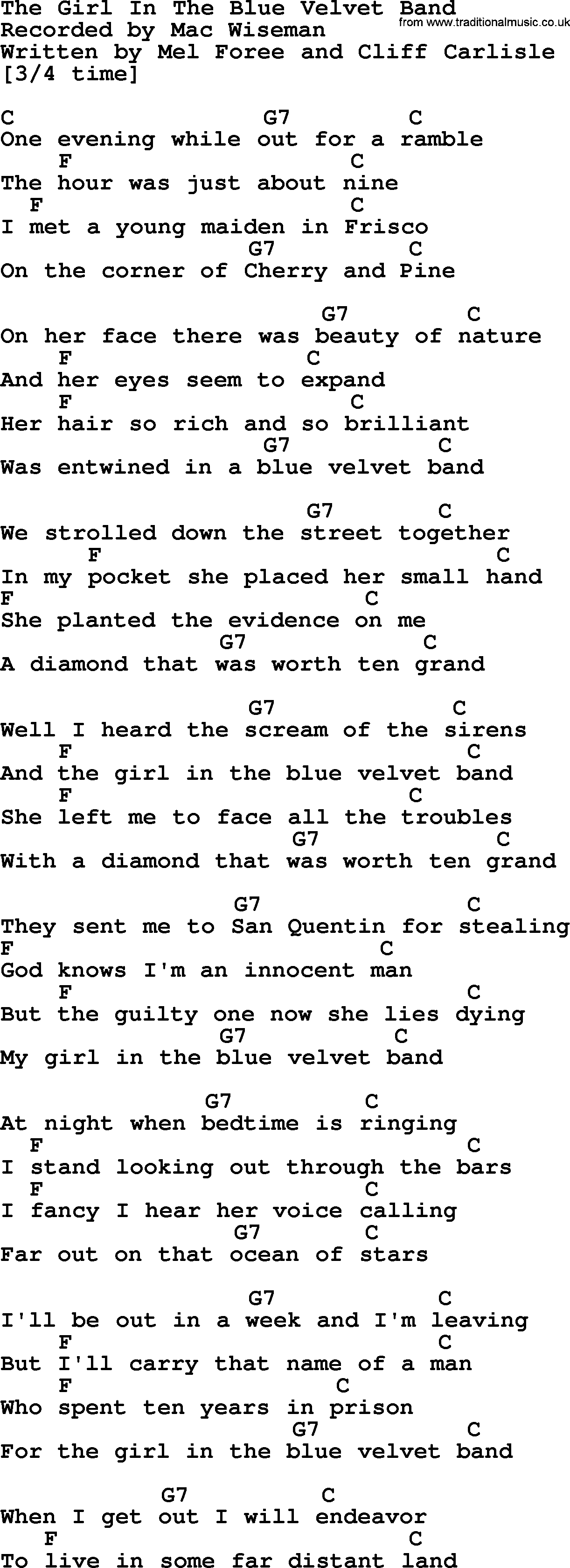 Bluegrass song: The Girl In The Blue Velvet Band, lyrics and chords