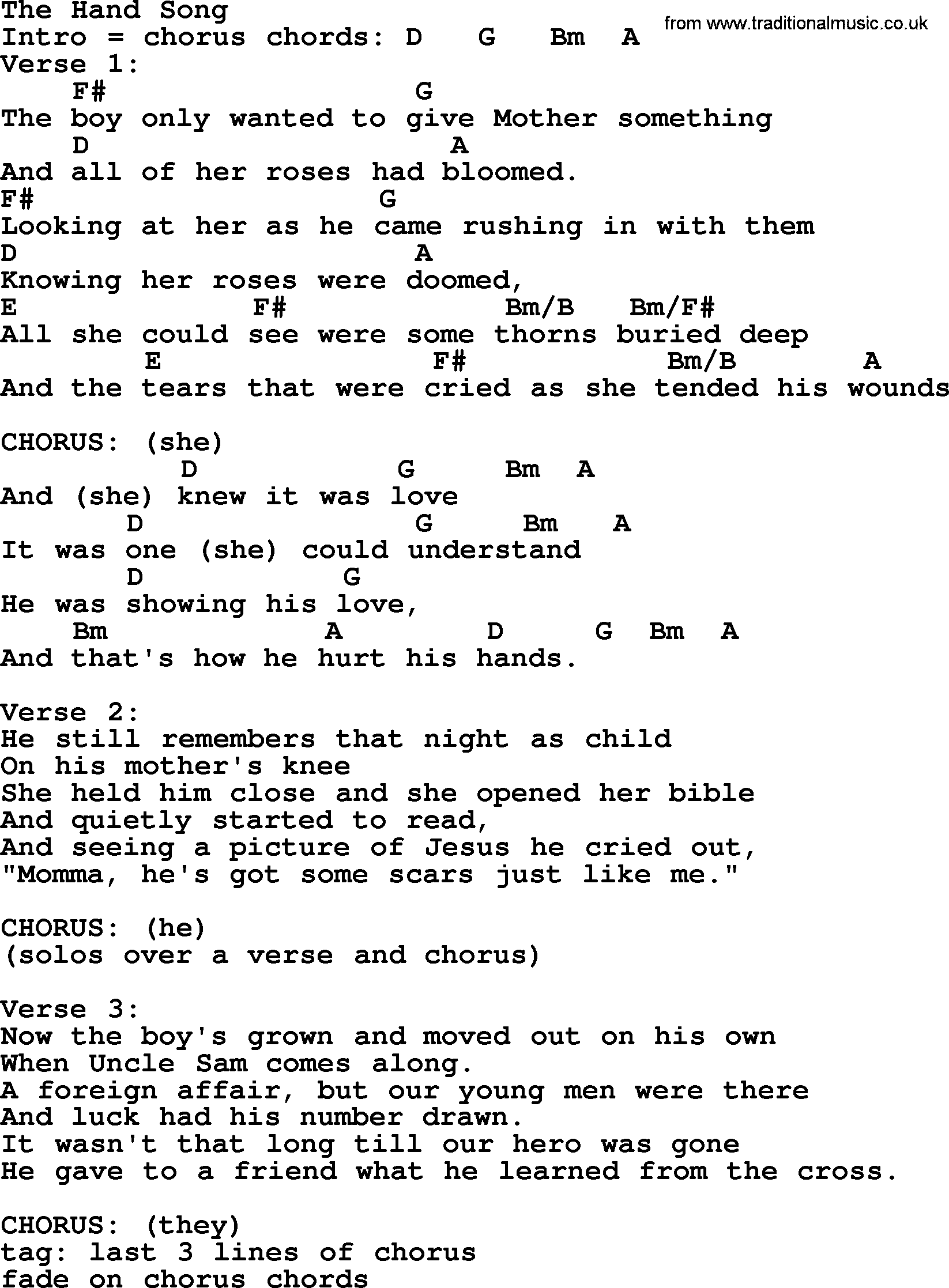 Bluegrass song: The Hand Song, lyrics and chords