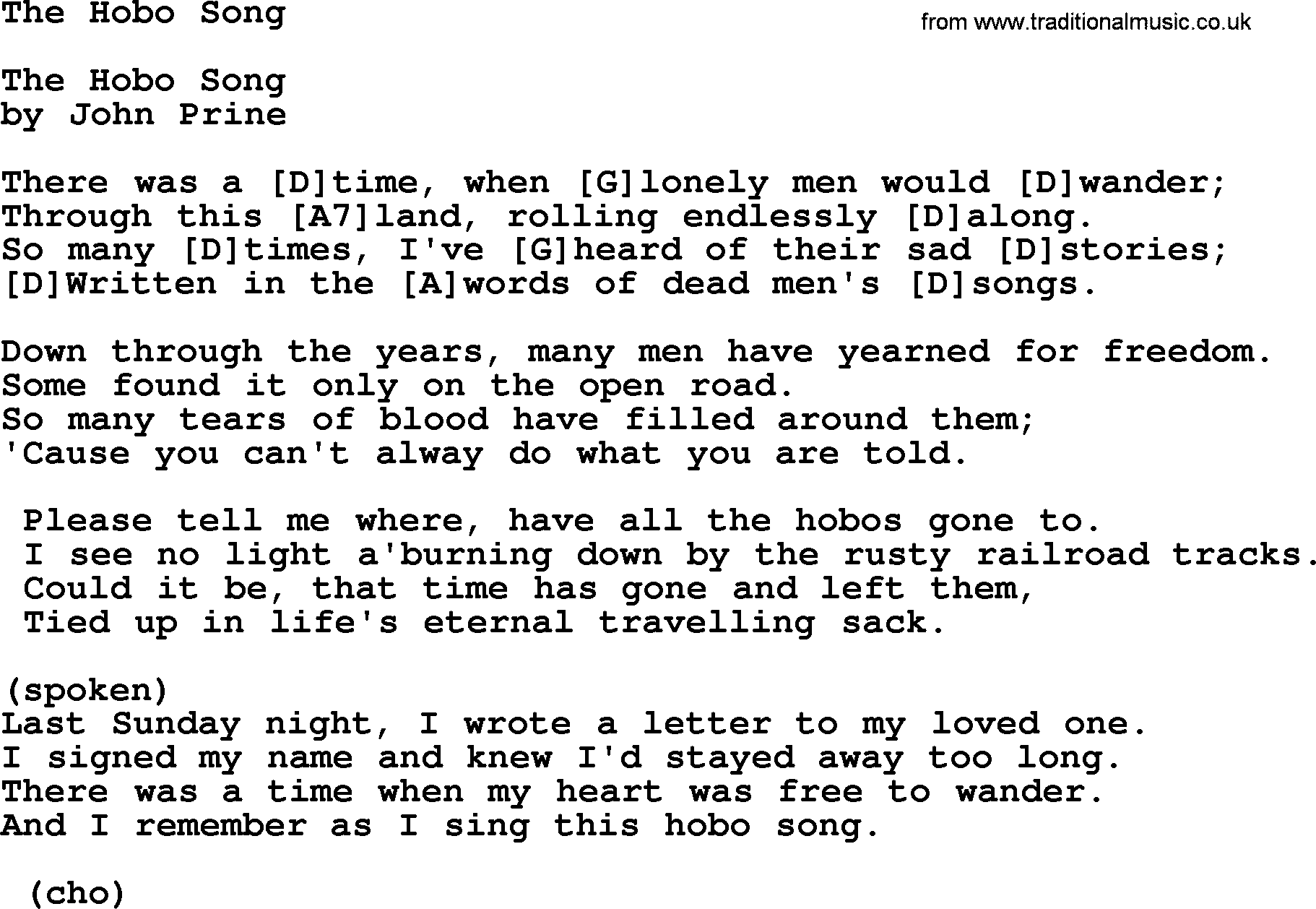 Bluegrass song: The Hobo Song, lyrics and chords