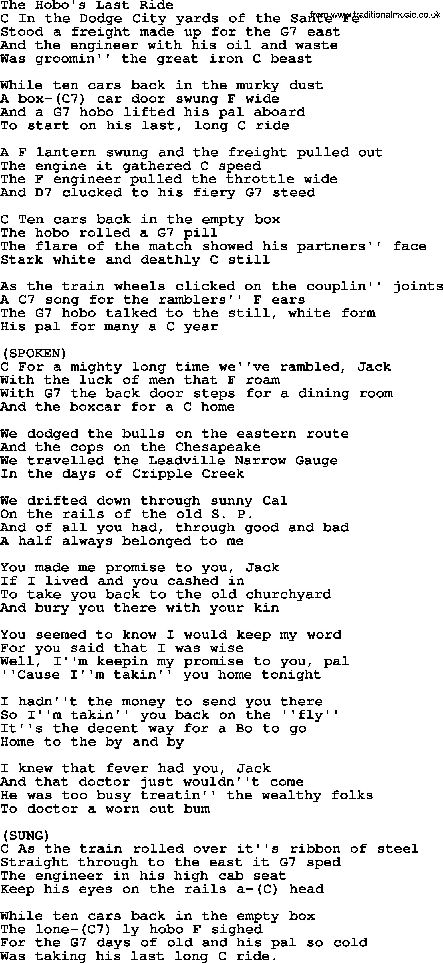 Bluegrass song: The Hobo's Last Ride, lyrics and chords