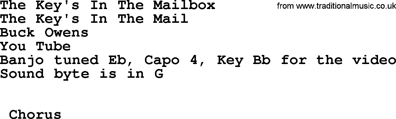 Bluegrass song: The Key's In The Mailbox, lyrics and chords