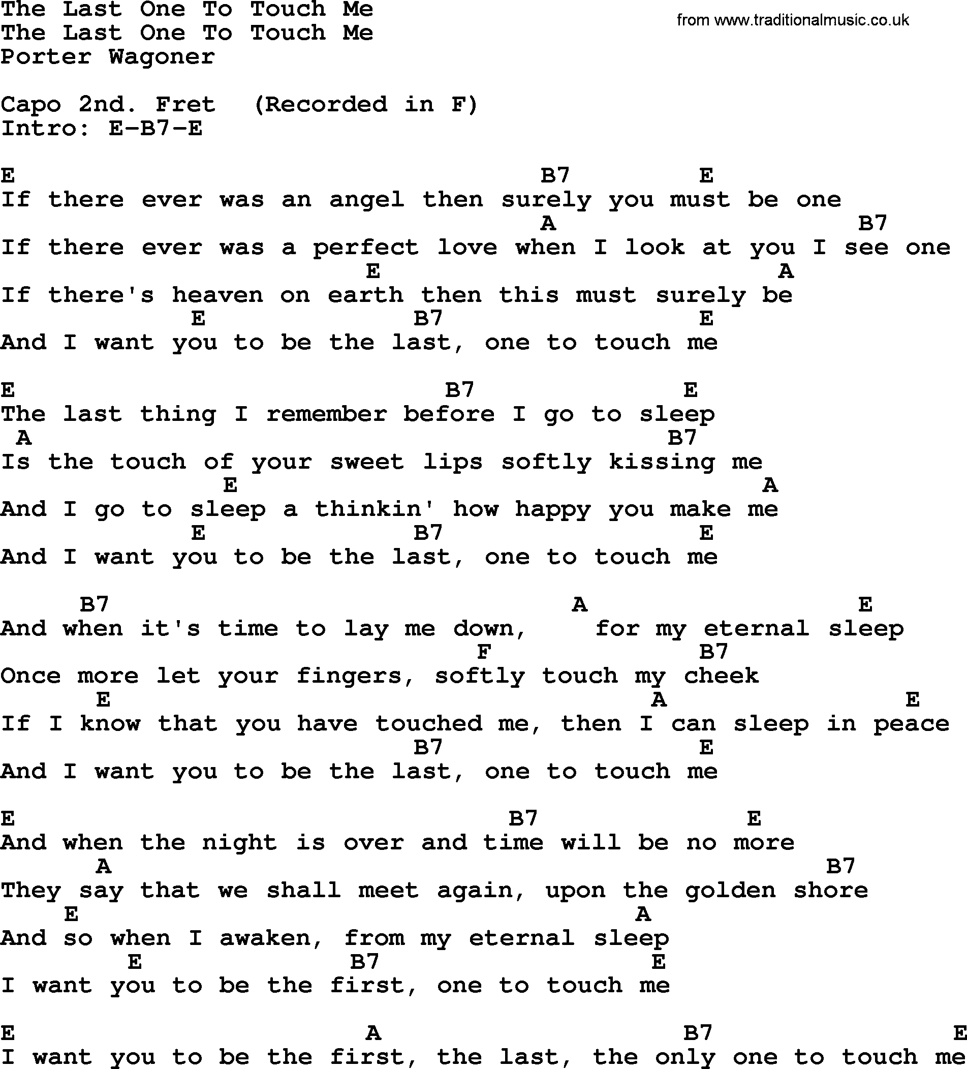 Bluegrass song: The Last One To Touch Me, lyrics and chords