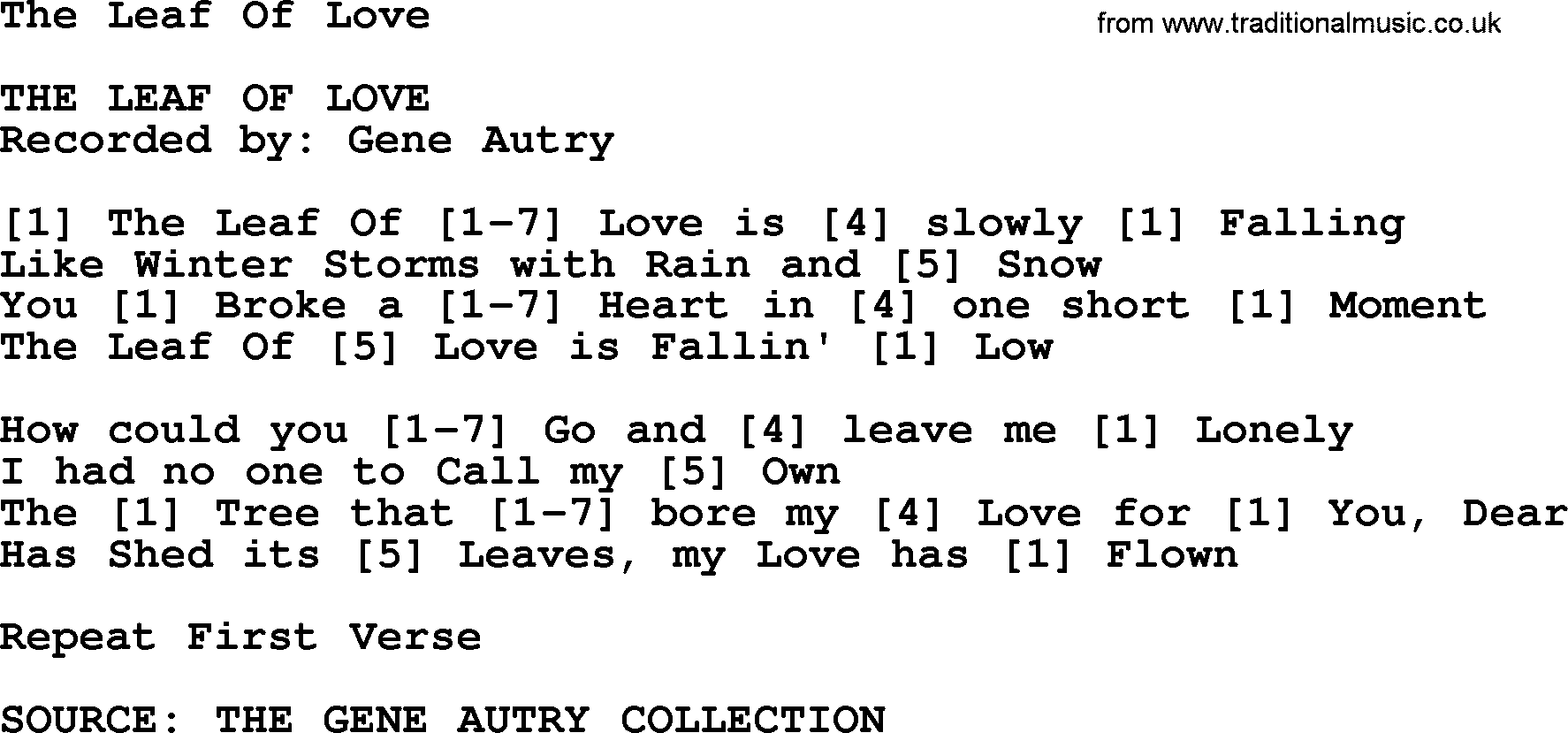 Bluegrass song: The Leaf Of Love, lyrics and chords