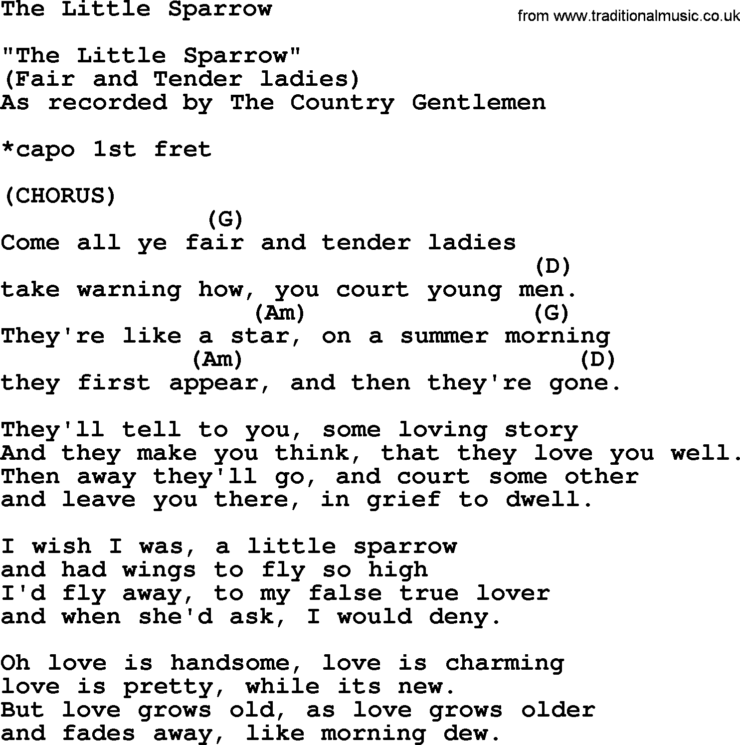 Bluegrass song: The Little Sparrow, lyrics and chords