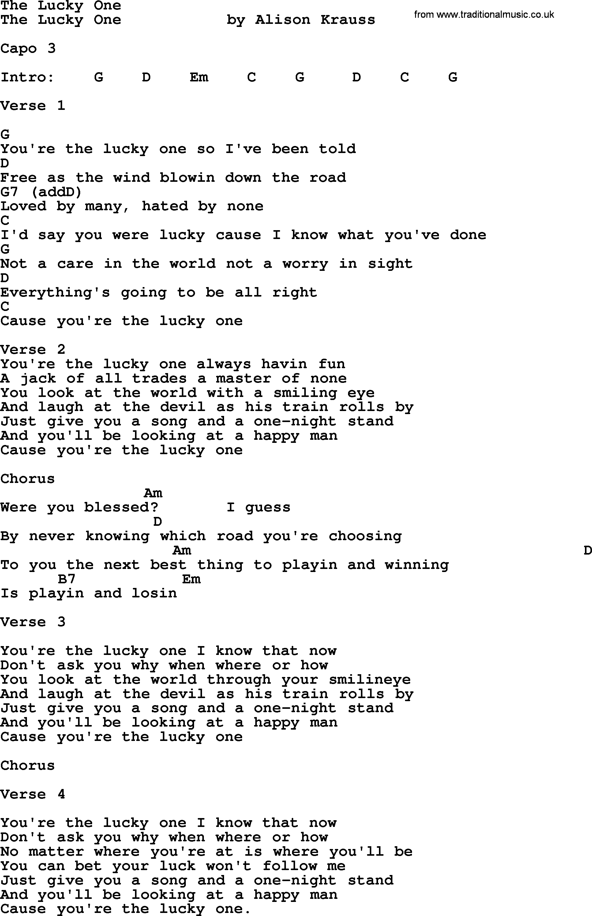 Bluegrass song: The Lucky One, lyrics and chords